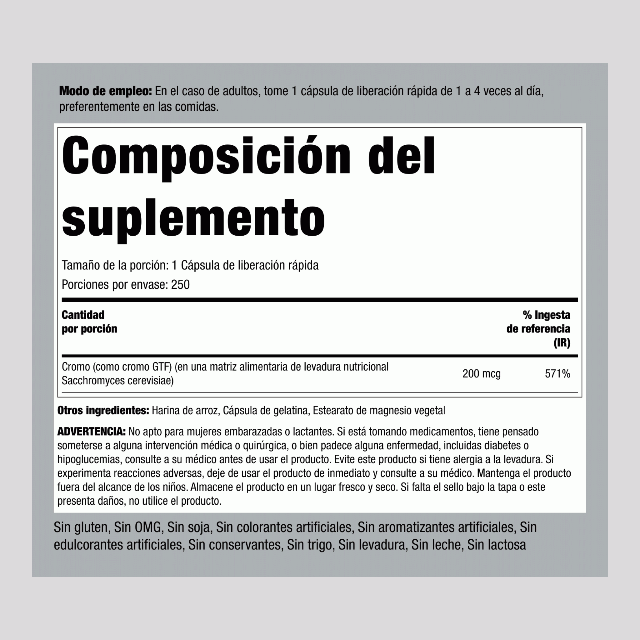 Cromo GTF  200 mcg 250 Cápsulas de liberación rápida     