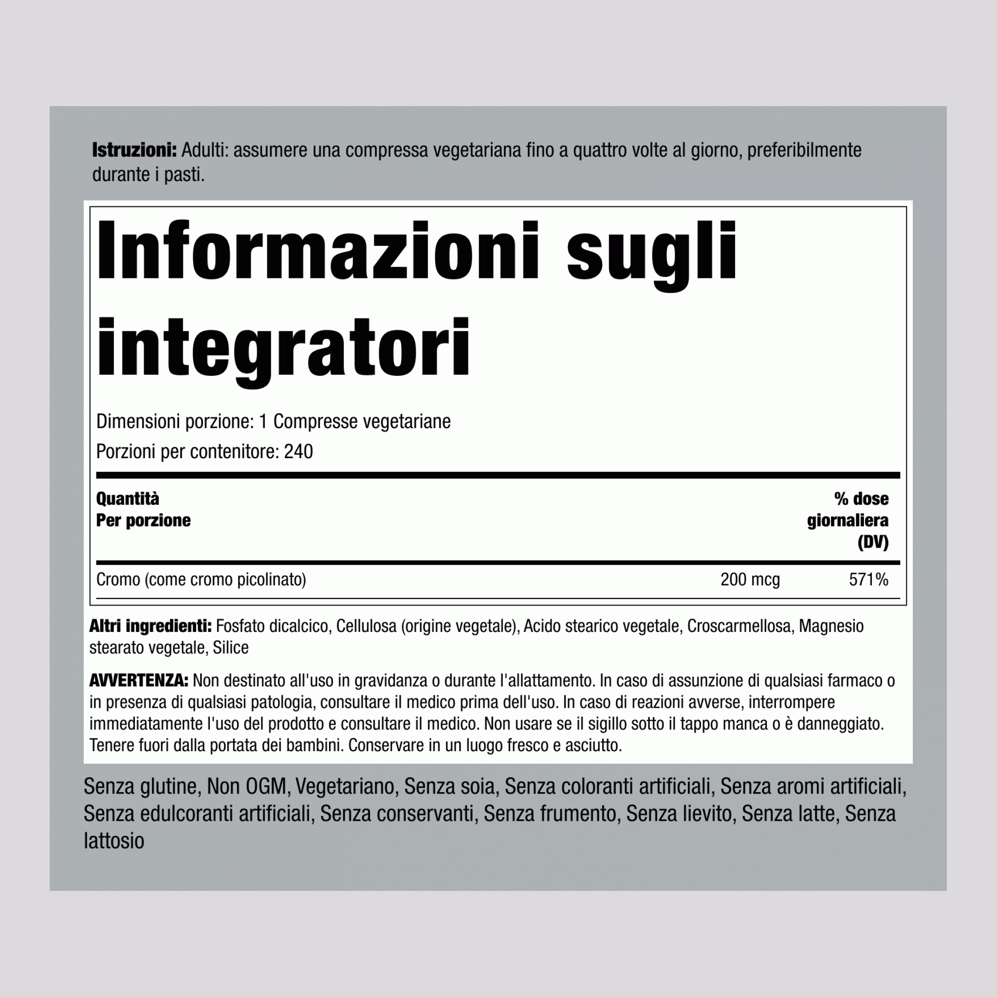 Cromo picolinato  200 mcg 240 Compresse     