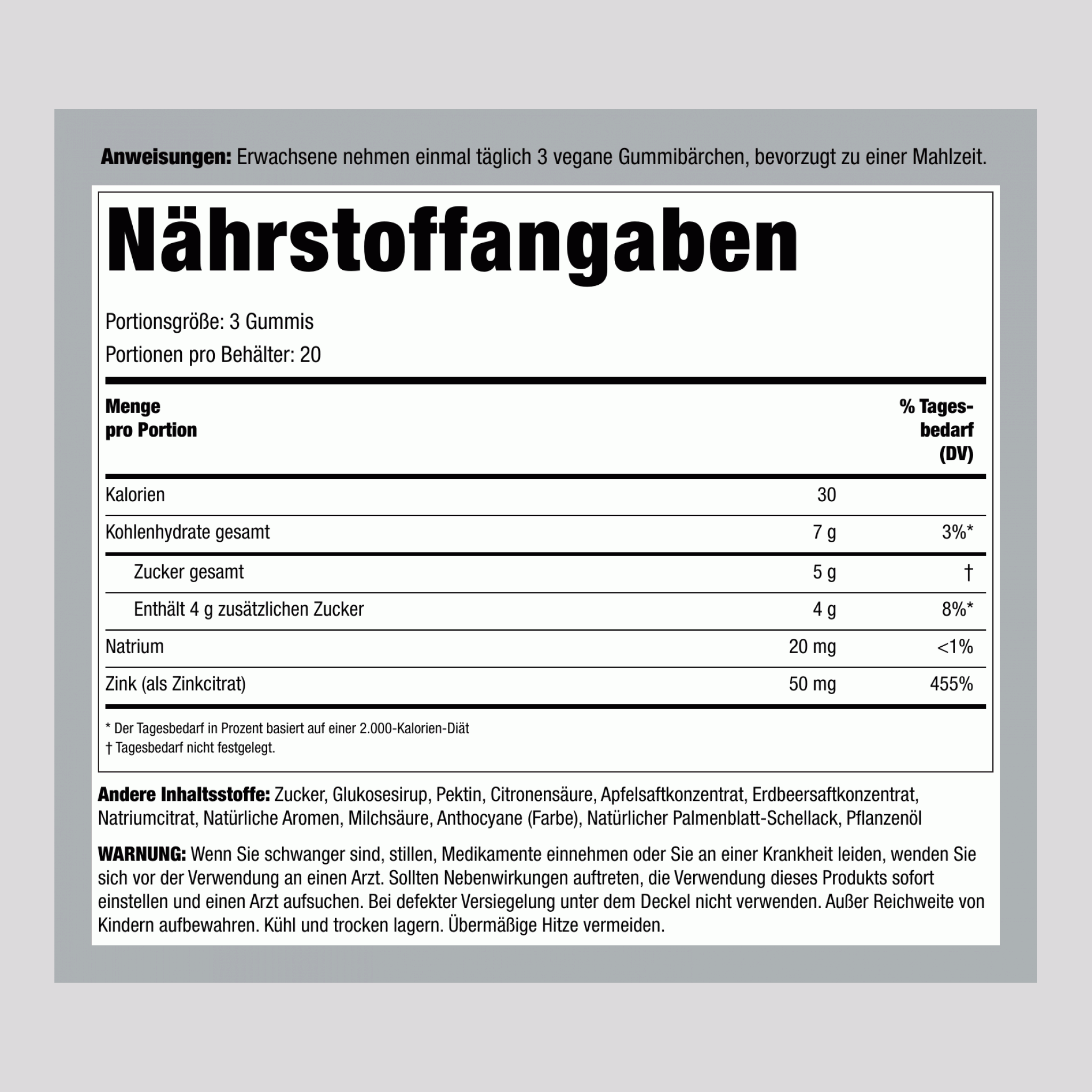 Zink (Gemischte Beeren), 50 mg (pro Portion), 60 Vegane Gummibärchen, 2 Flaschen