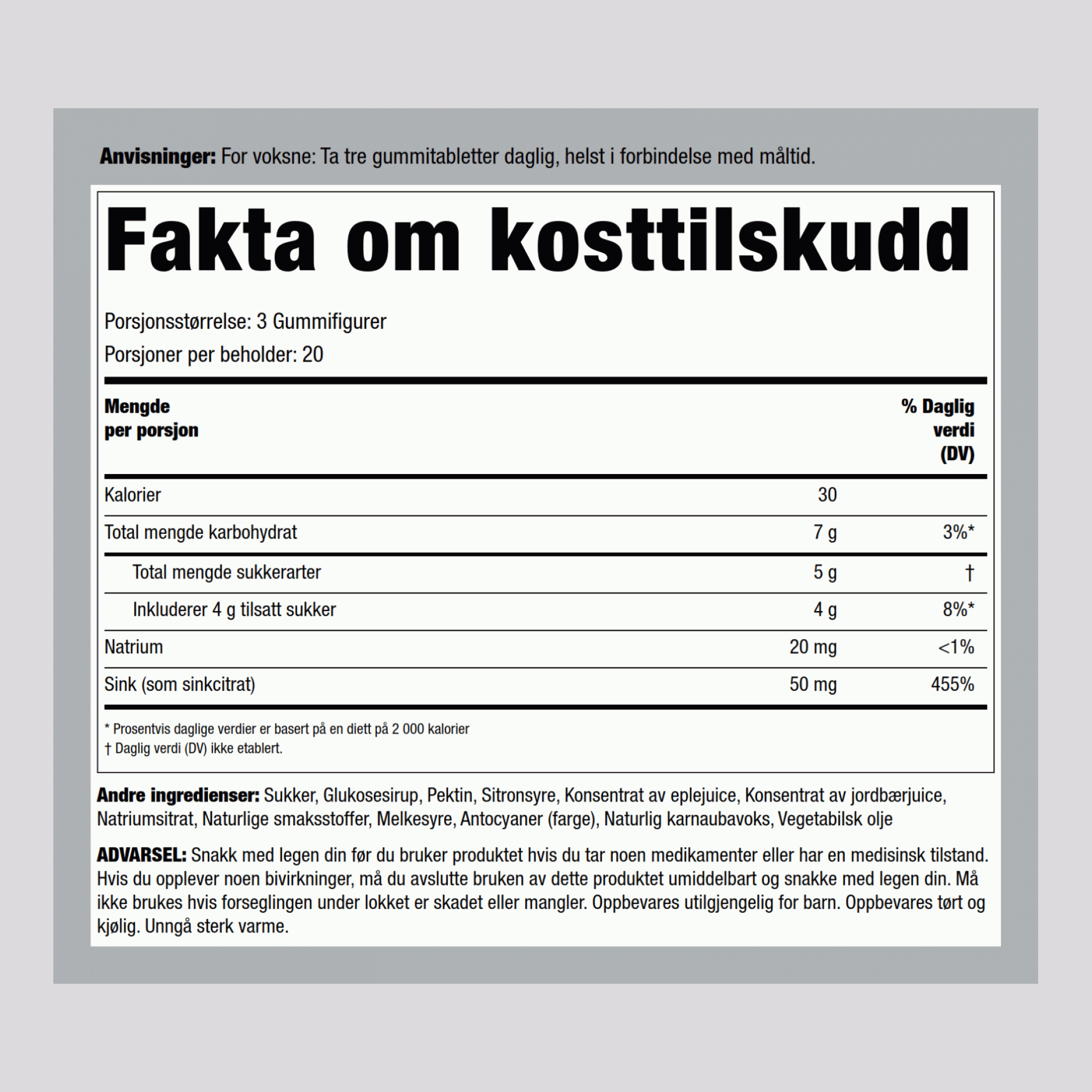 Sinkgummitabletter (blandede bær)  50 mg (per dose) 60 Veganske gummitabletter 2 Flasker   