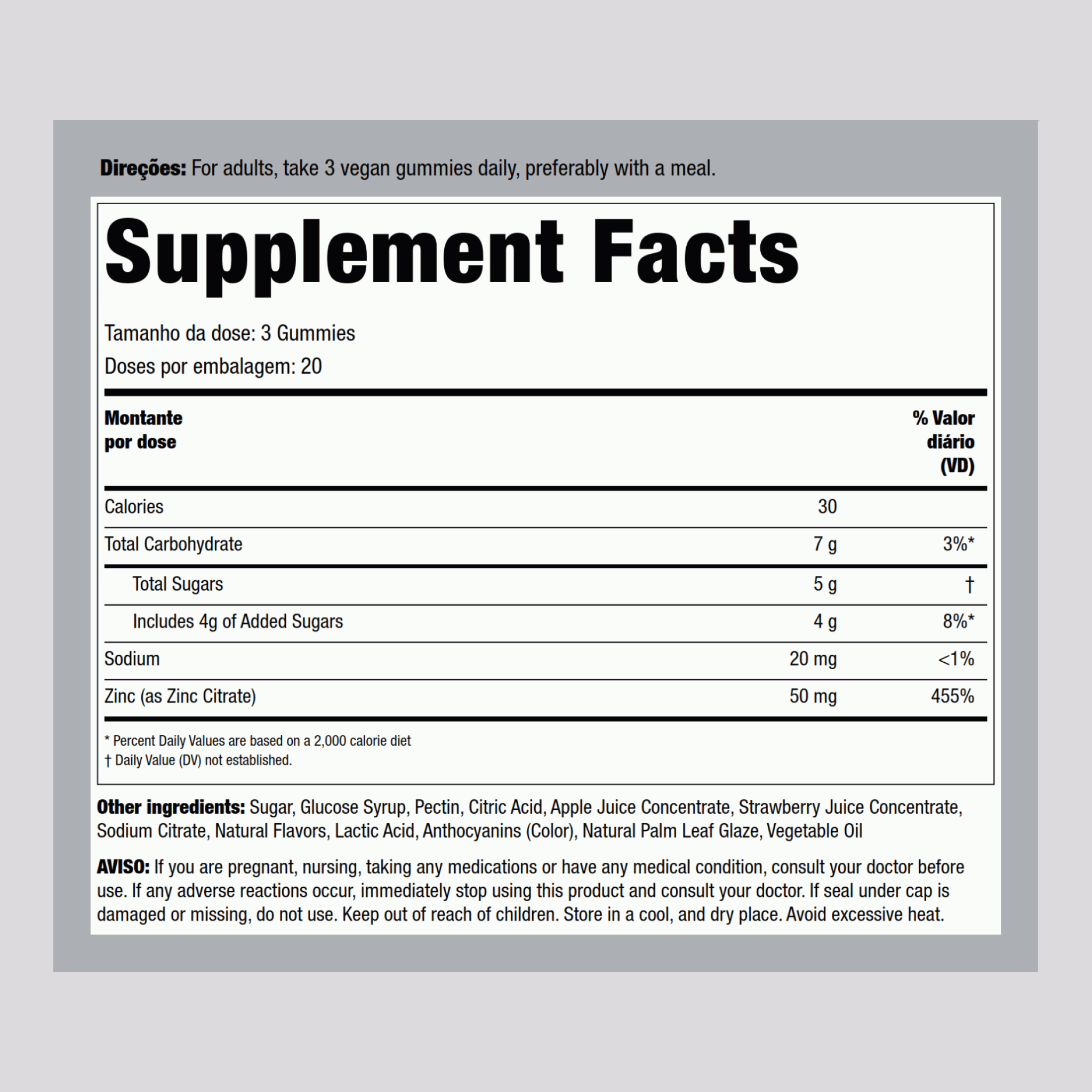 Bonbons gélifiés au zinc (Baie mixte naturelle) 50 mg (par portion) 60 Gommes végans 2 Bouteilles   