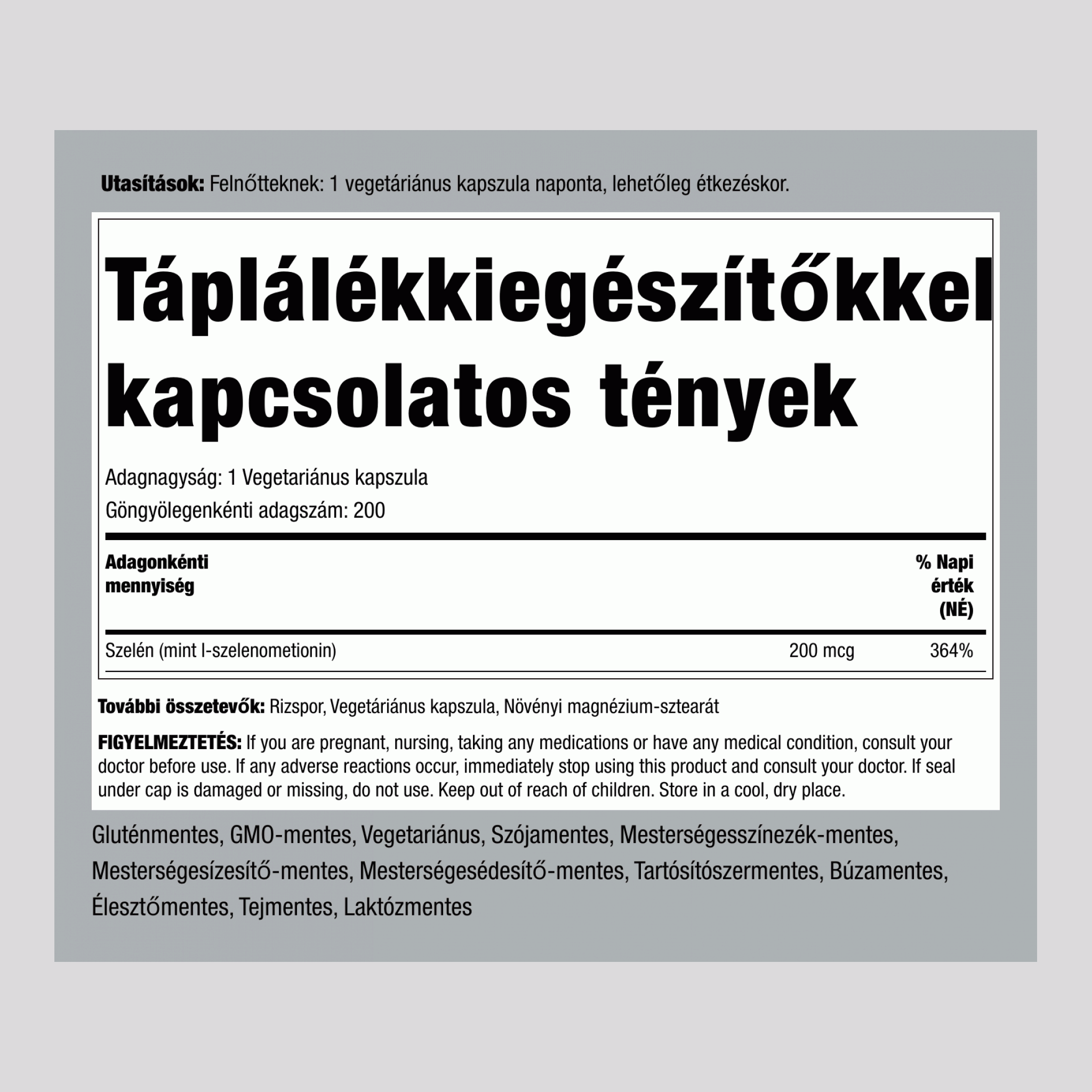 Szelén (élesztőmentes) 200 mcg 200 Vegetáriánus kapszula    