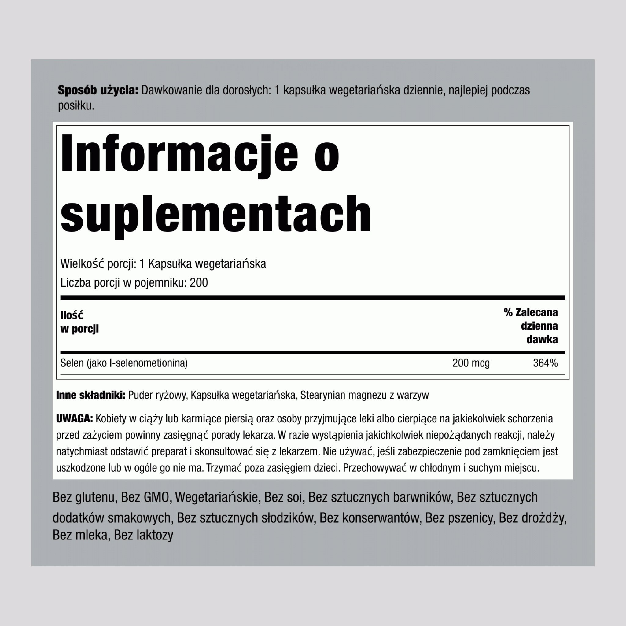 Selen (bez drożdży) 200 mcg 200 Kapsułki wegetariańskie    