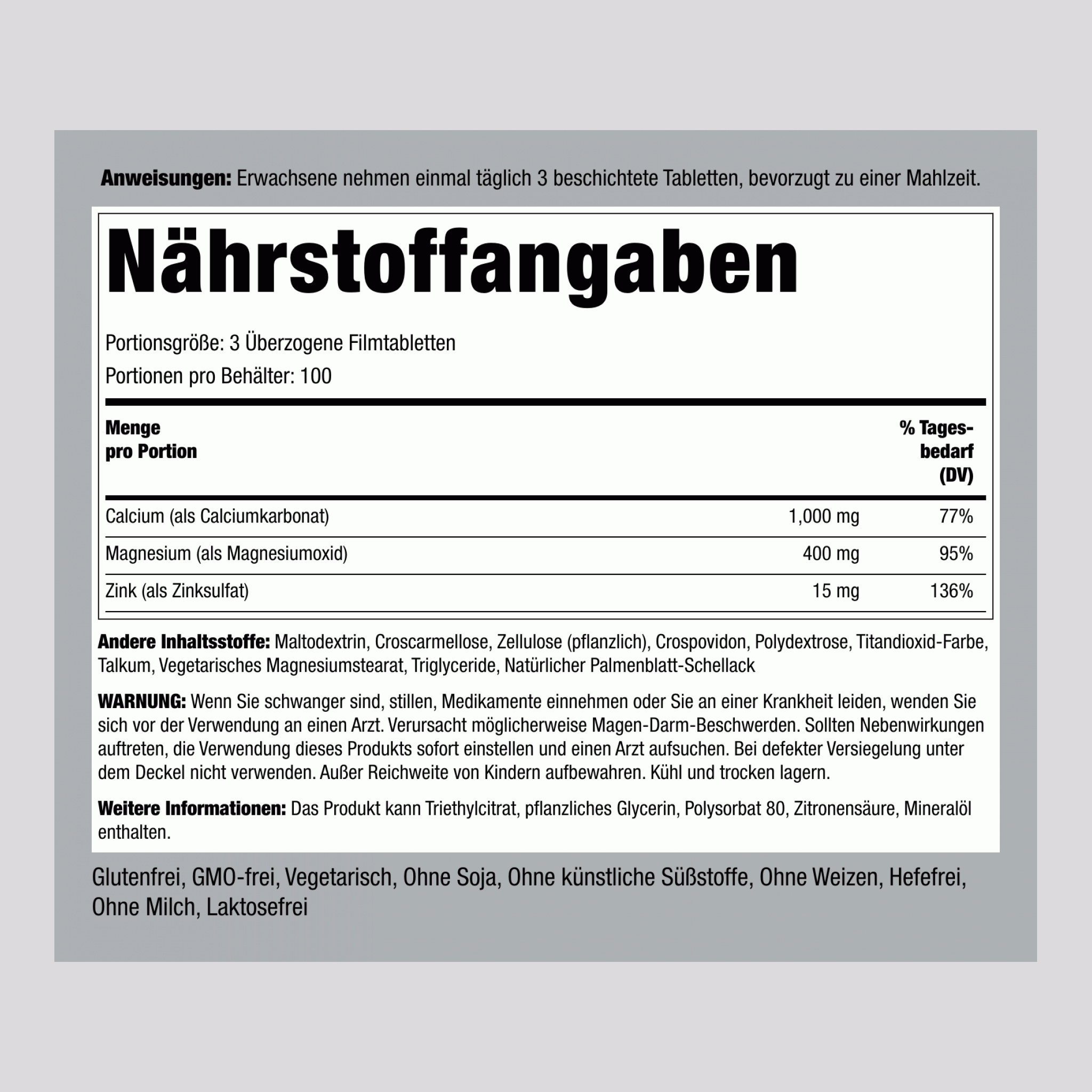 Calcium Magnesium Zink  (Cal 1000mg/Mag 400mg/Zn 15mg) (per serving) 300 Überzogene Filmtabletten       