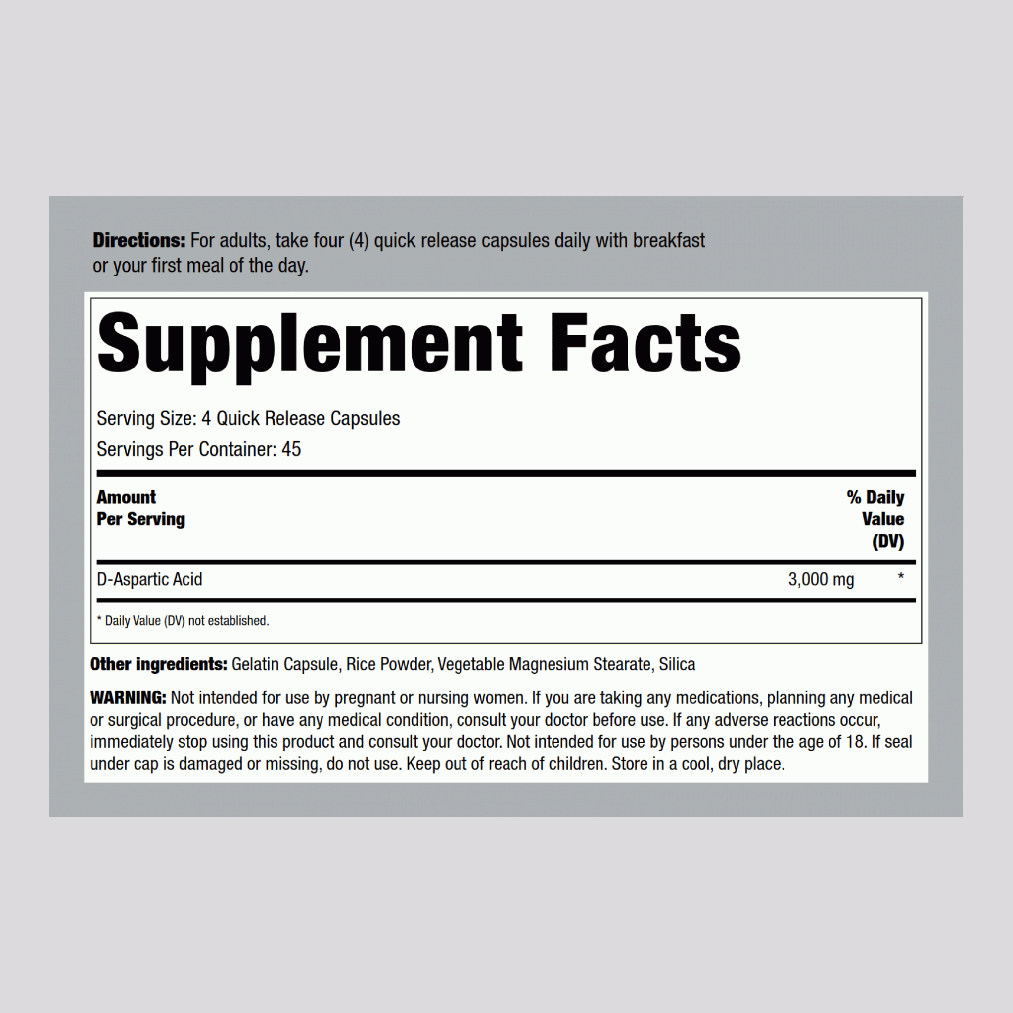 D-Aspartic Acid, 3000 mg (per serving), 180 Quick Release Capsules