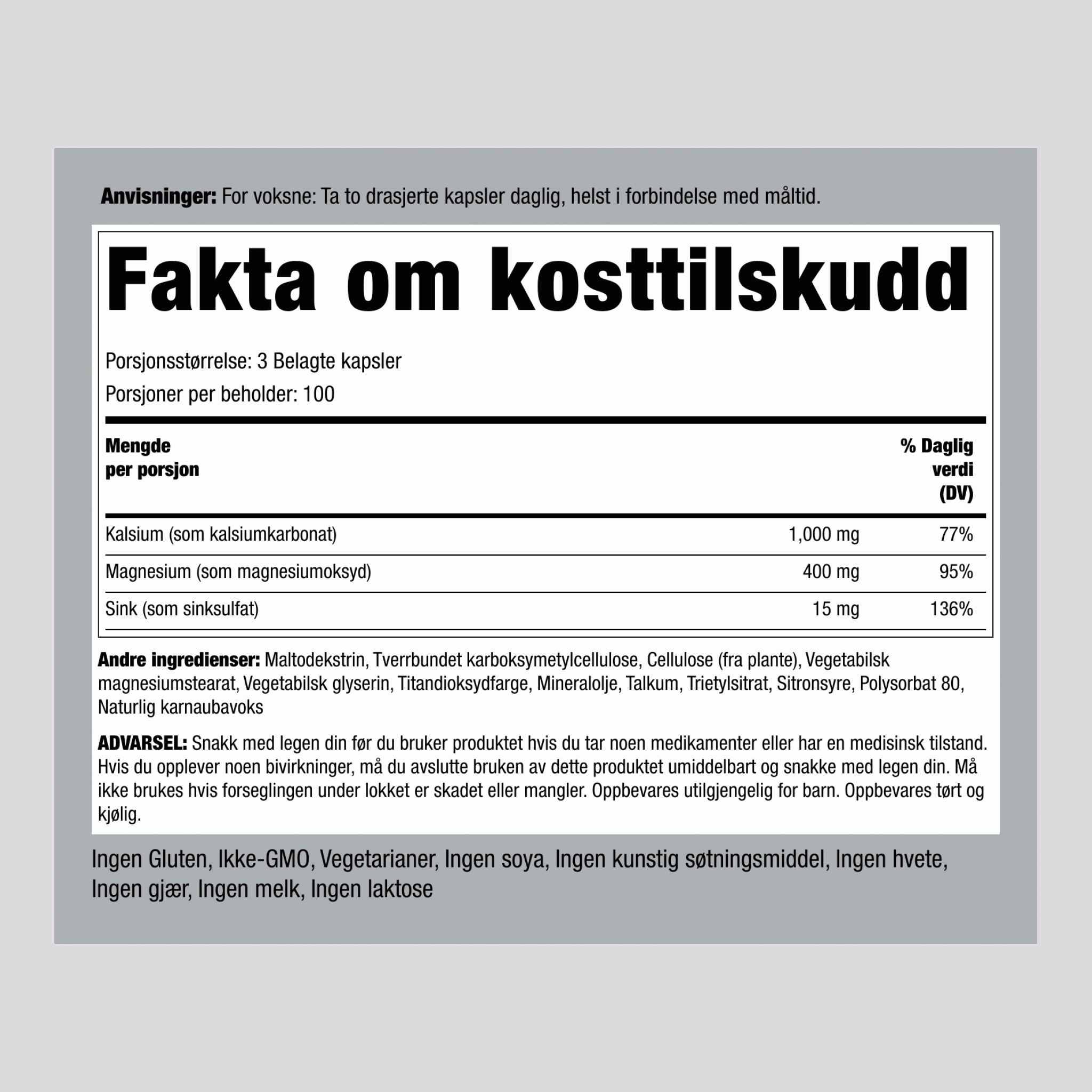 Kalcium-Magnesium Zink   (Cal 1000mg/Mag 400mg/Zn 15mg) (per serving) 300 Belagte kapsler 2 Flasker     