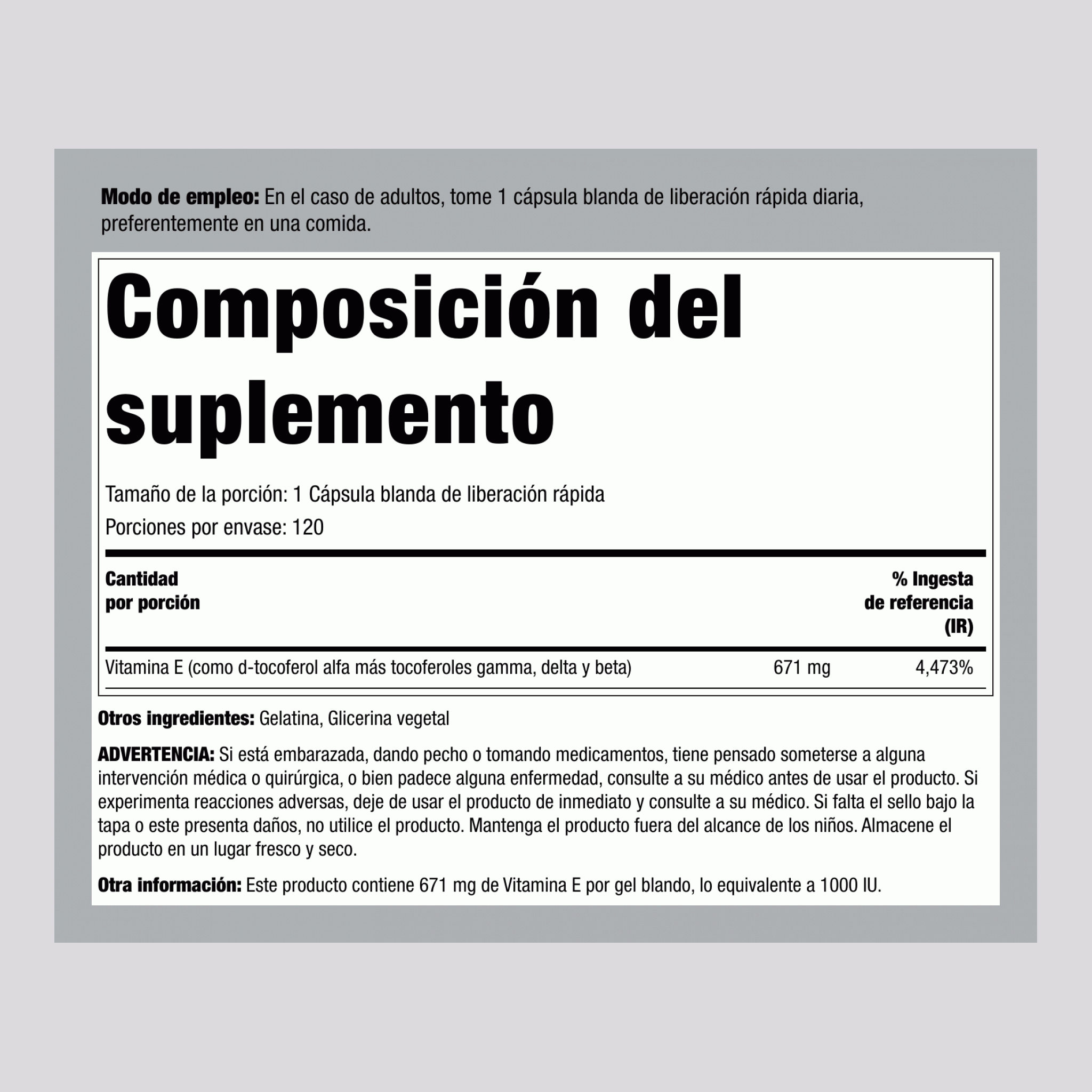 Vitamina E natural más tocoferoles mixtos 1000 IU 120 Cápsulas blandas de liberación rápida
