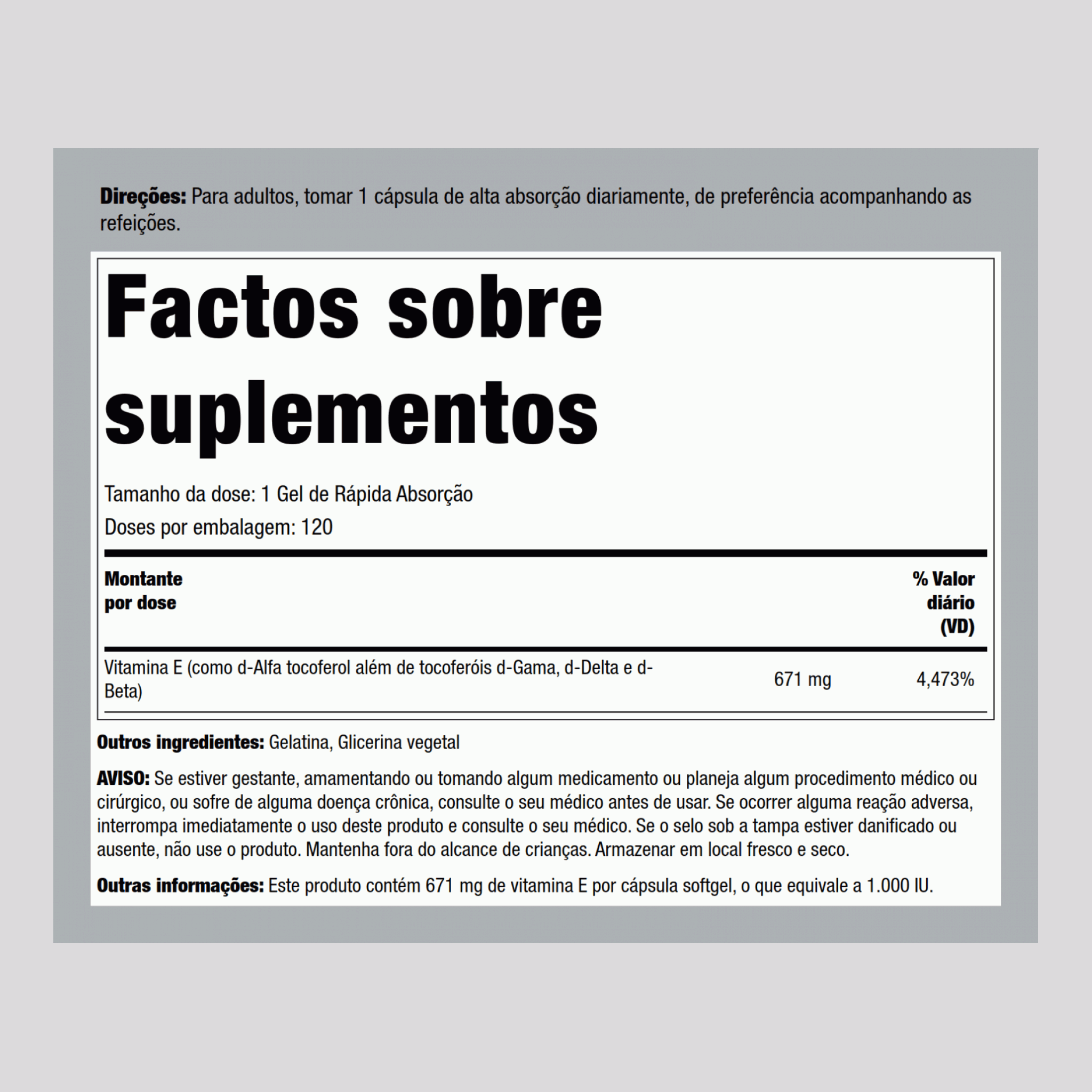 Vitamina E D-Alfa Tocoferol mais Mistura de Tocoferóis 1000 IU 120 Gels de Rápida Absorção     