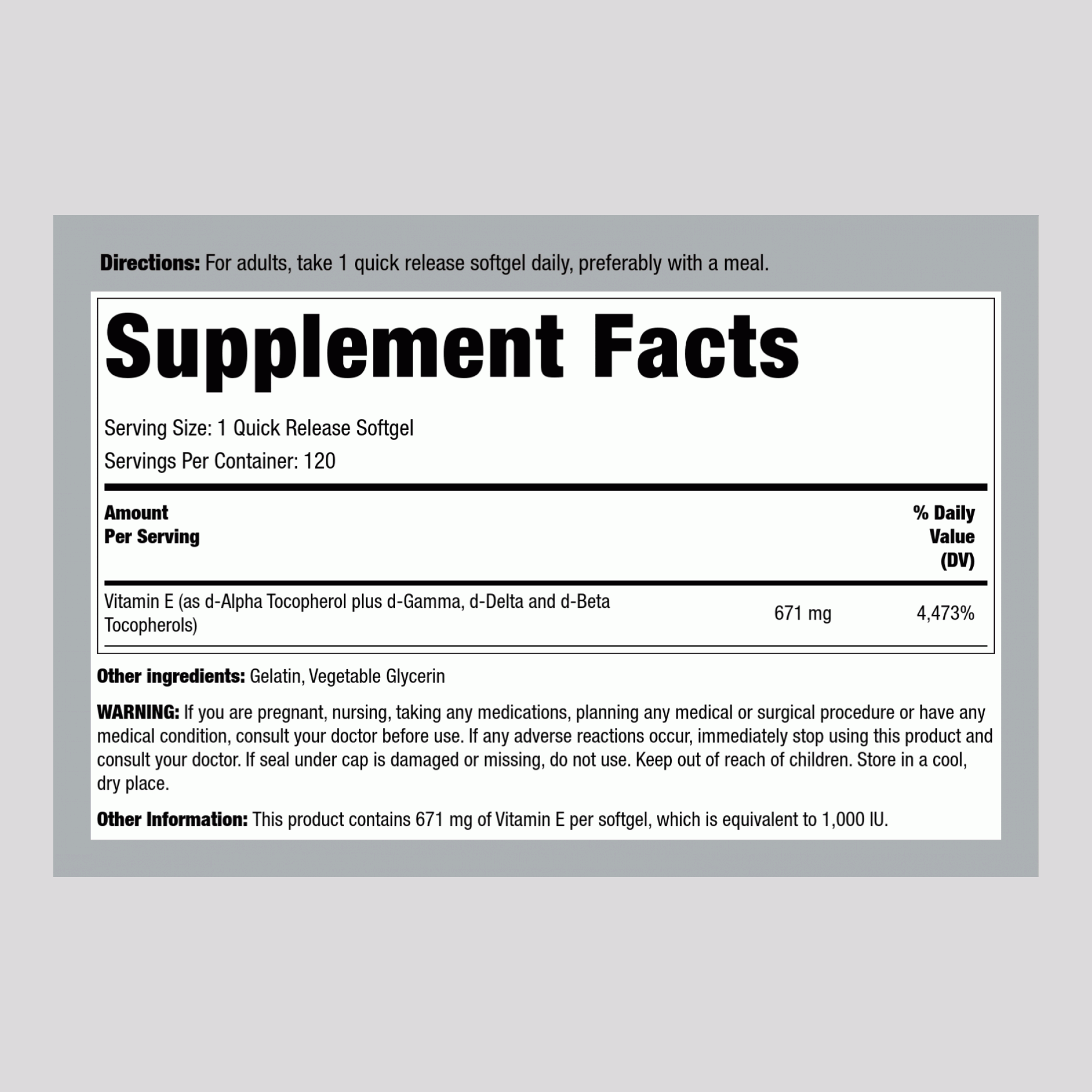 Natural Vitamin E plus Mixed Tocopherols, 1000 IU, 120 Quick Release Softgels