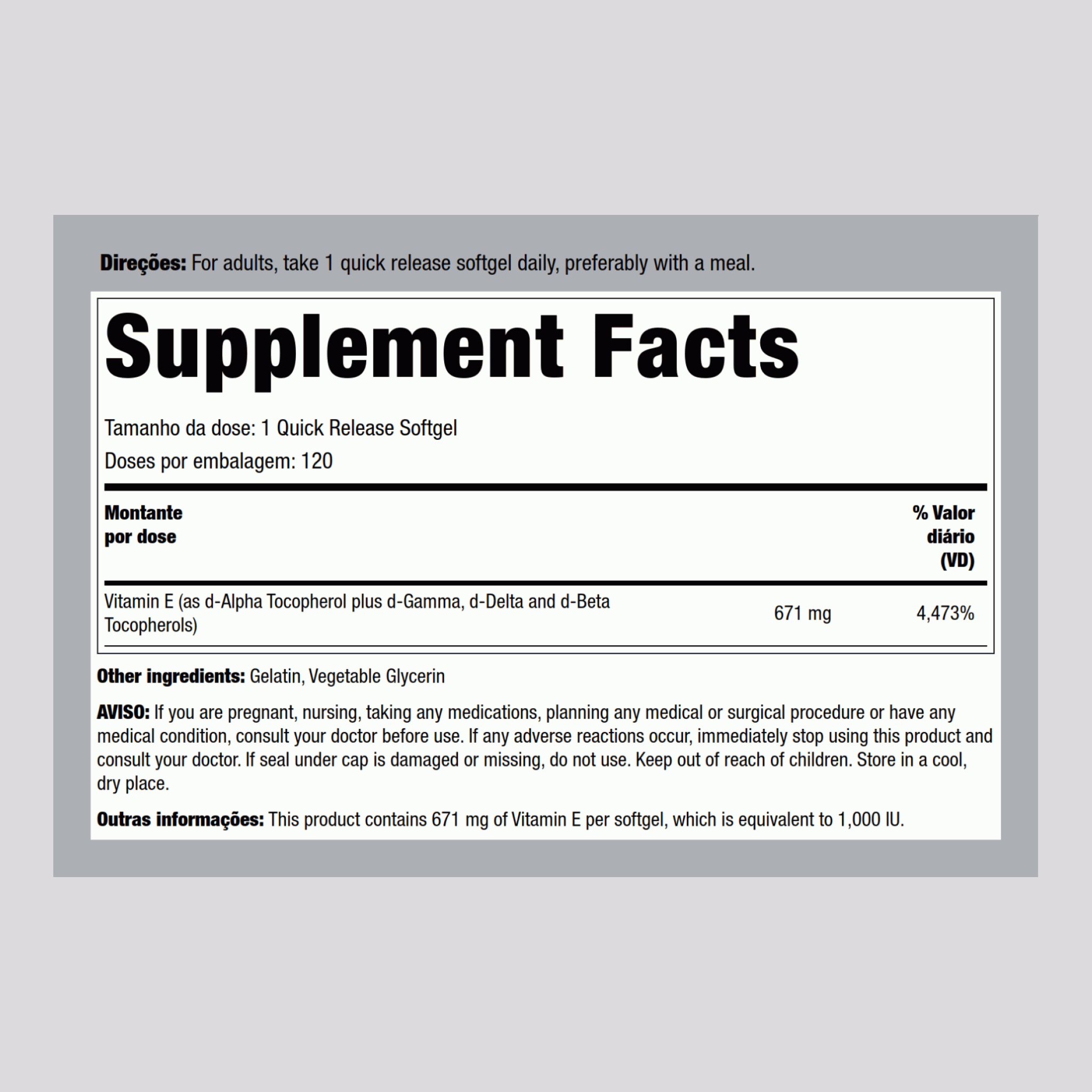 Vitamina E D-Alfa Tocoferol mais Mistura de Tocoferóis 1000 IU 120 Gels de Rápida Absorção     