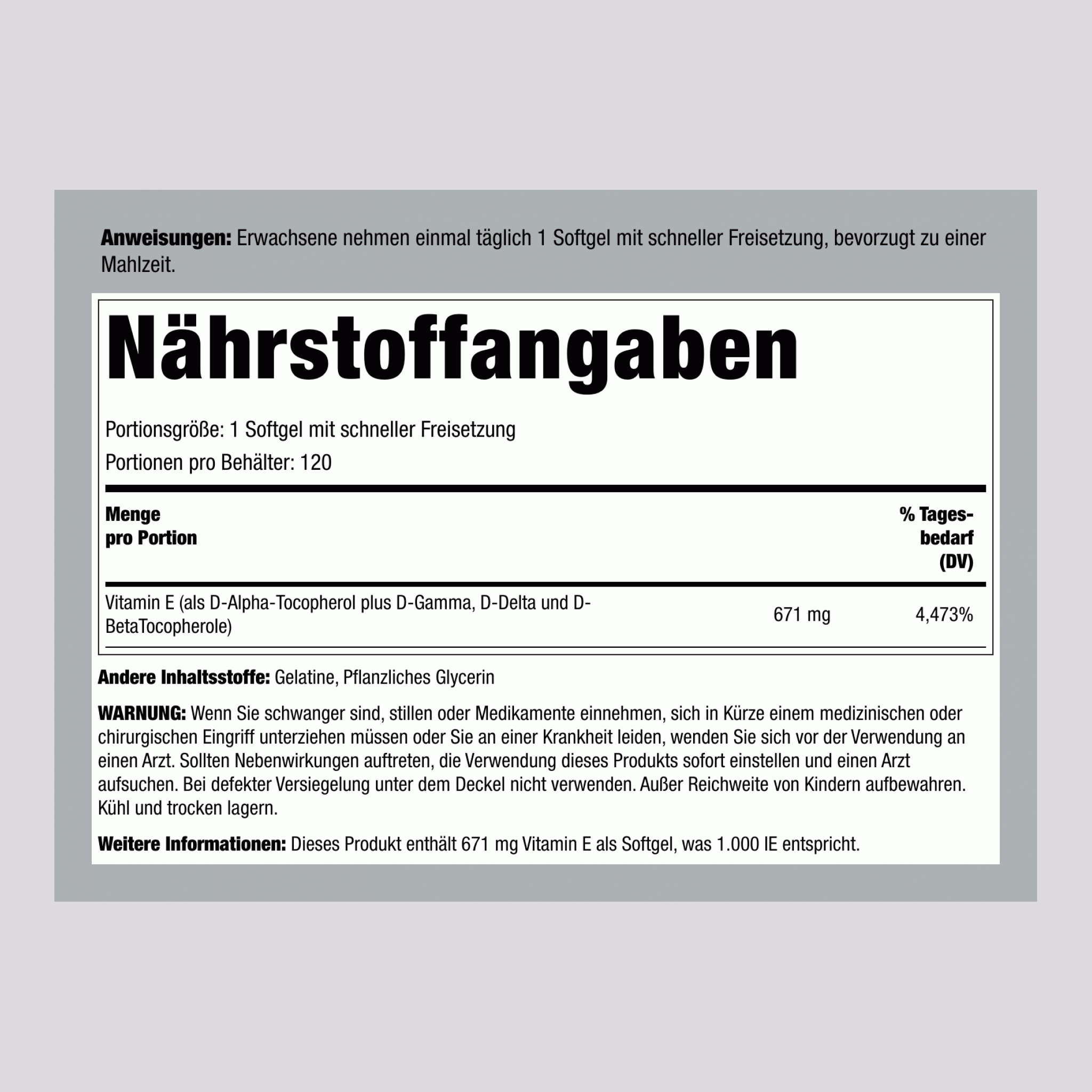 Natürliches Vitamin E plus gemischte Tocopherole 1000 IU 120 Softgele mit schneller Freisetzung 2 Flaschen