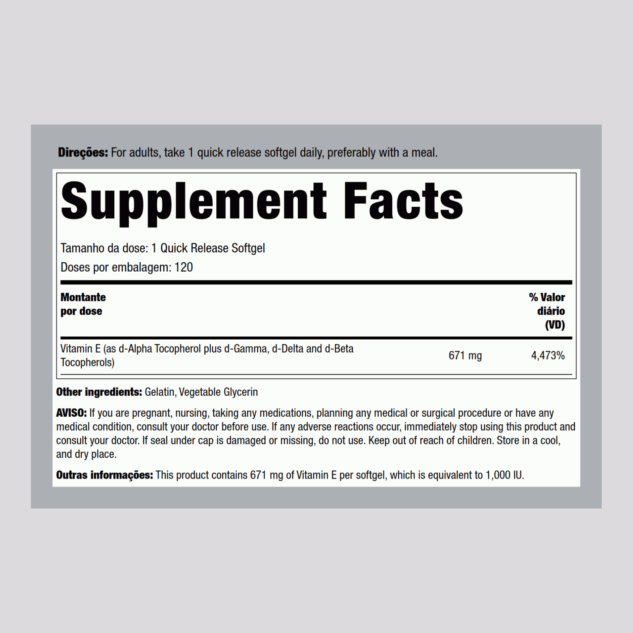 Vitamina E D-Alfa Tocoferol mais Mistura de Tocoferóis 1000 IU 120 Gels de Rápida Absorção 2 Frascos   