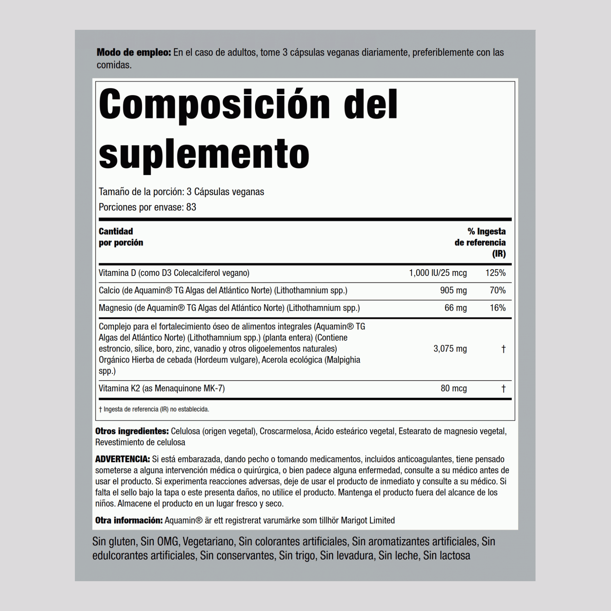 Algas para el fortalecimiento de los huesos (Calcio de origen vegetal) + D3 1000 IU (por ración) 250 Cápsulas veganas       