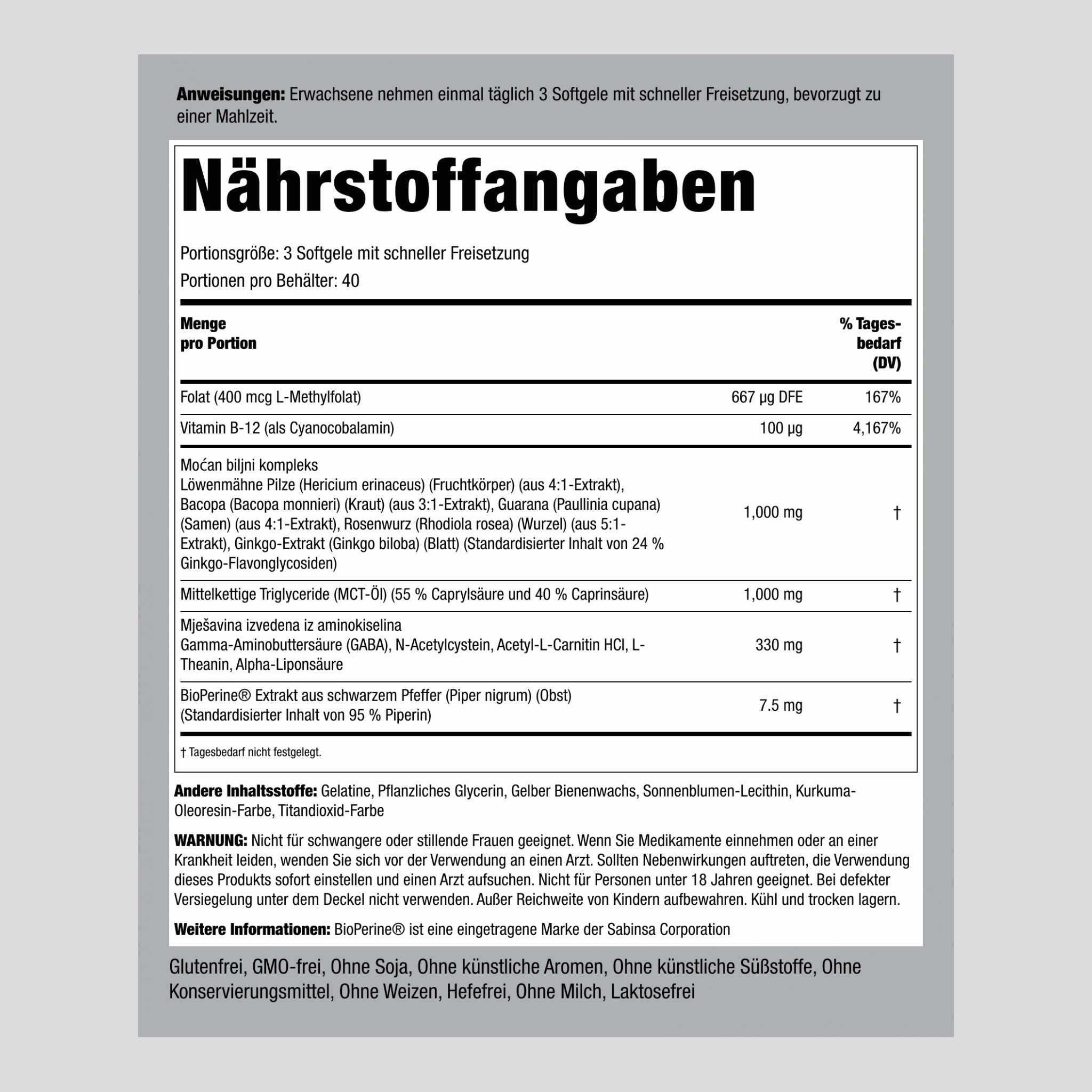 Gehirn-Power 120 Softgele mit schneller Freisetzung       