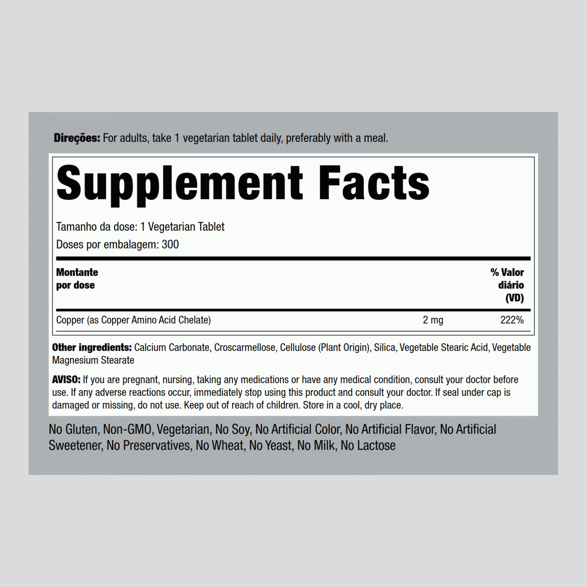 Quelato de cobre (quelato de aminoácidos) 2 mg 300 Comprimidos     