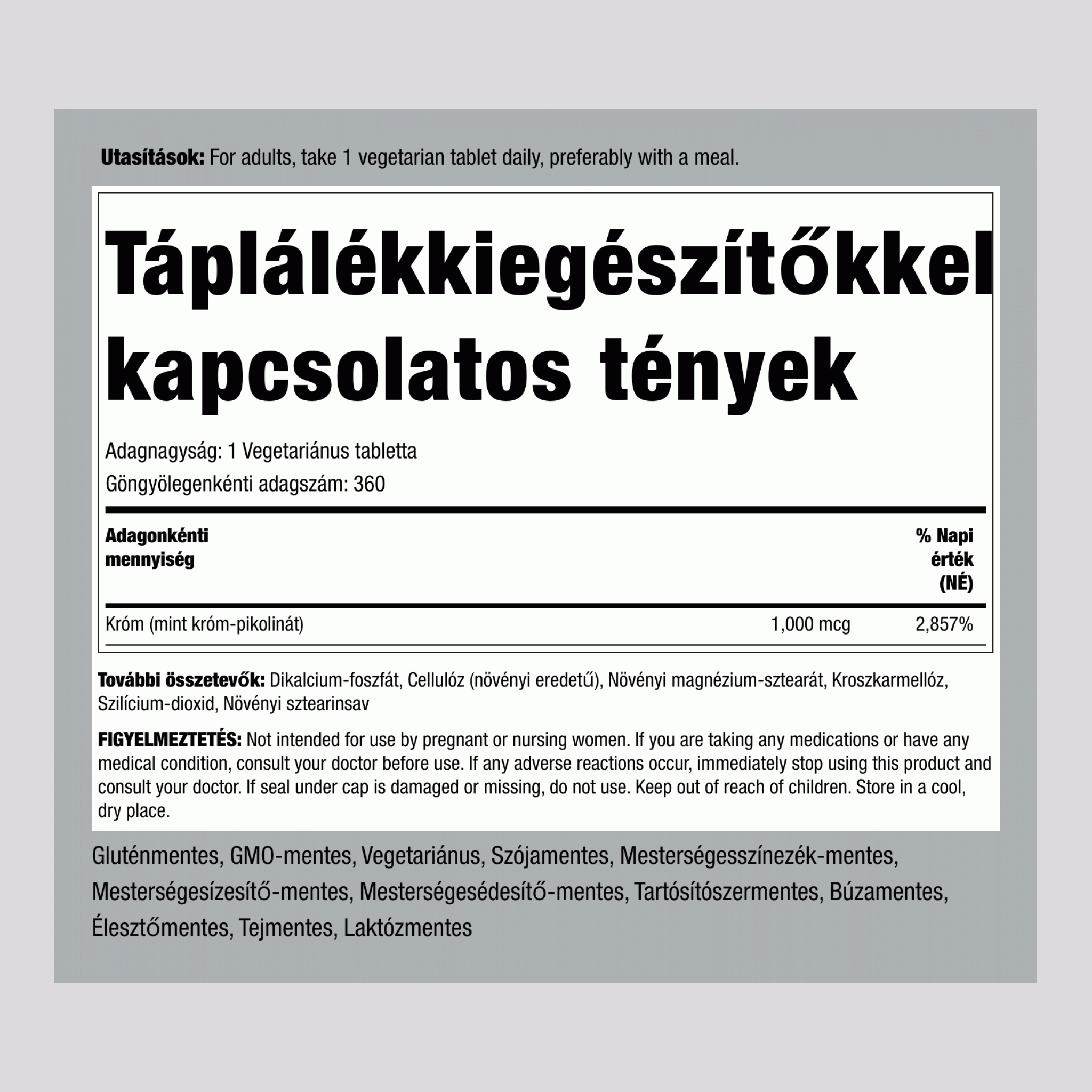 Krómpikolinát ,  1000 mcg 360 Tabletta 2 Palackok