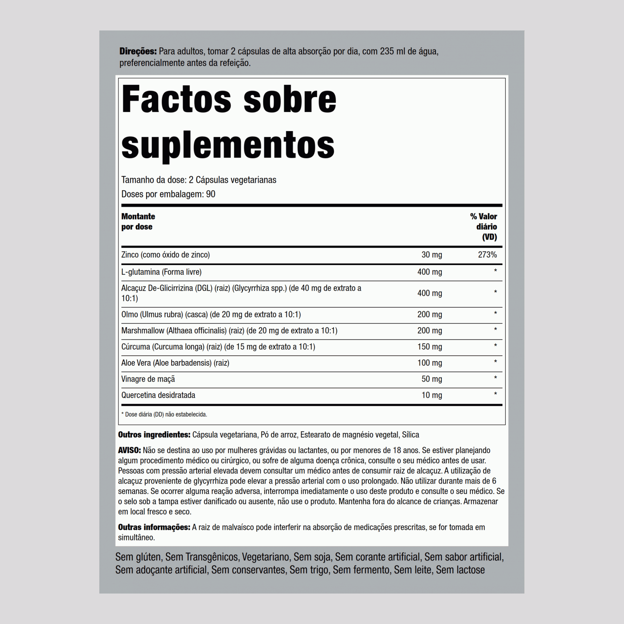 Suporte para intestino com vazamento 180 Cápsulas vegetarianas    