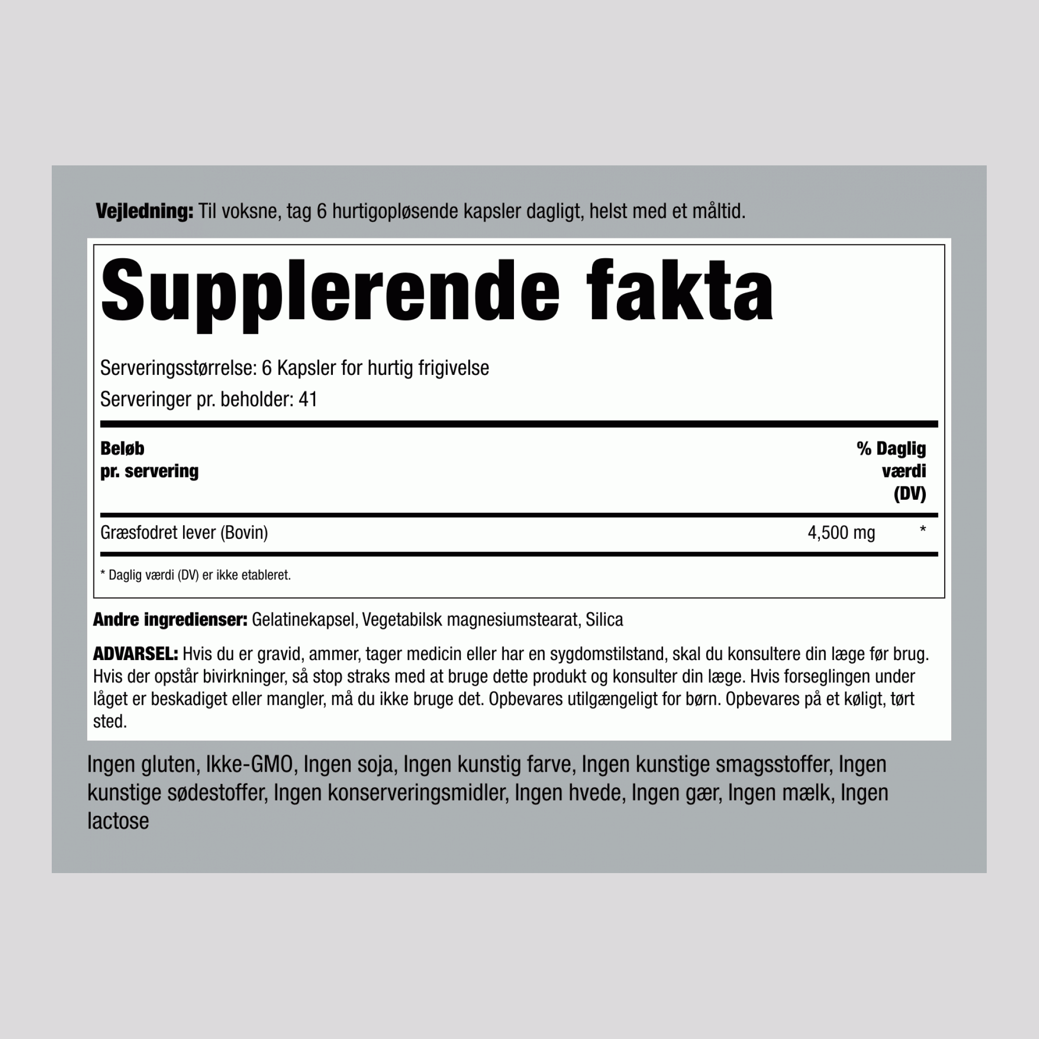 Græsfodret okselever 4500 mg (pr. dosering) 250 Kapsler for hurtig frigivelse 2 Flasker   