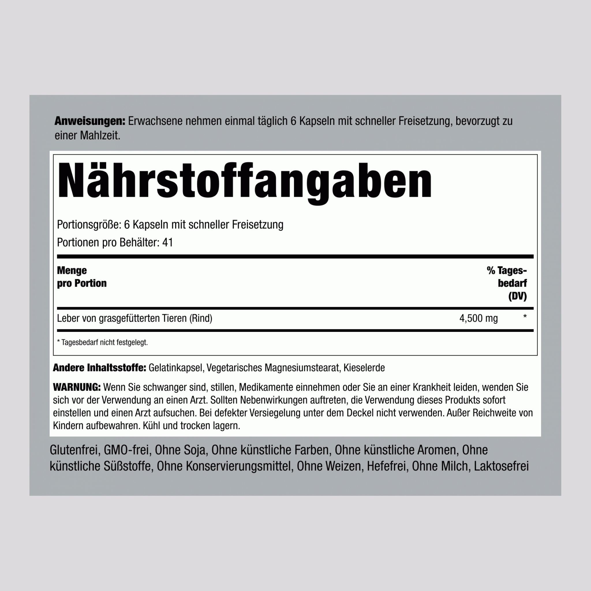 Leber von grasgefütterten Rindern 4500 mg (pro Portion) 250 Kapseln mit schneller Freisetzung 2 Flaschen   