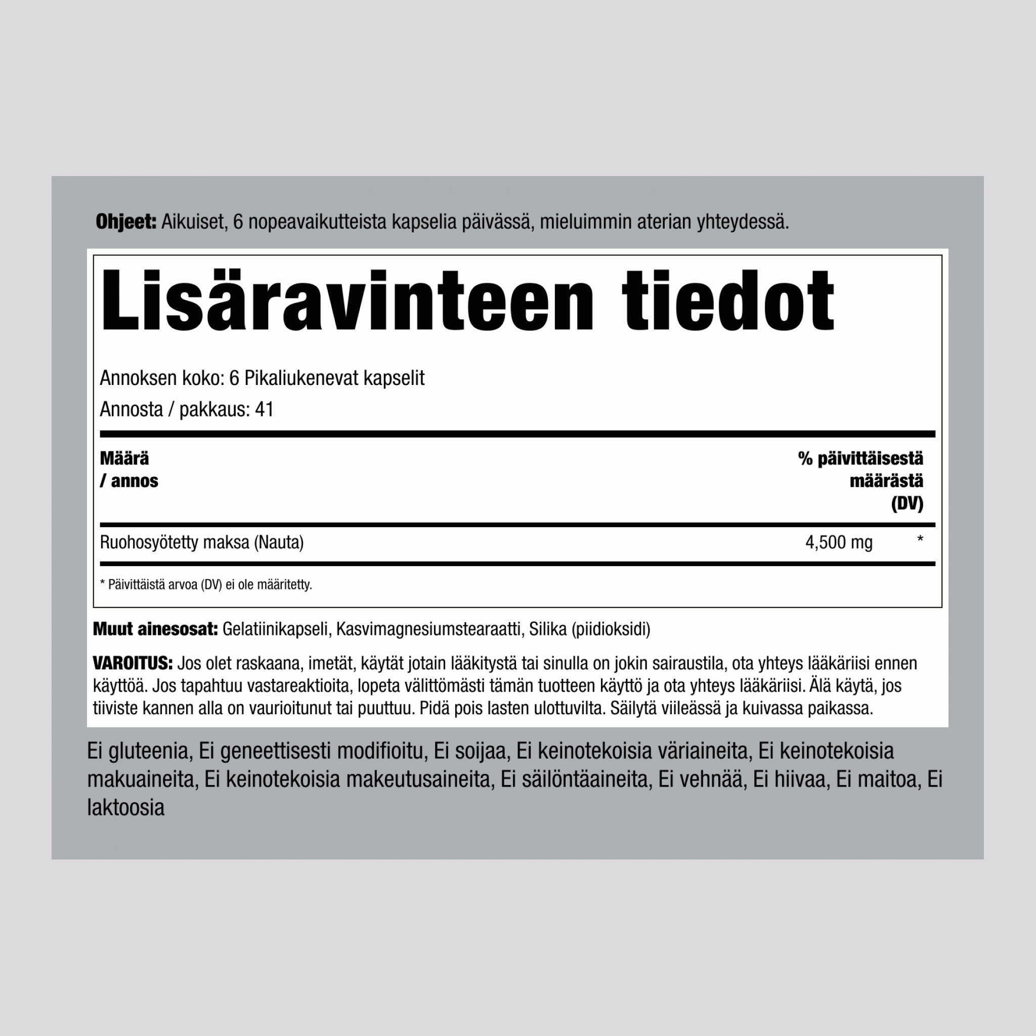 Ruoholla syötetyn naudan maksa 4500 mg/annos 250 Pikaliukenevat kapselit 2 Pulloa   