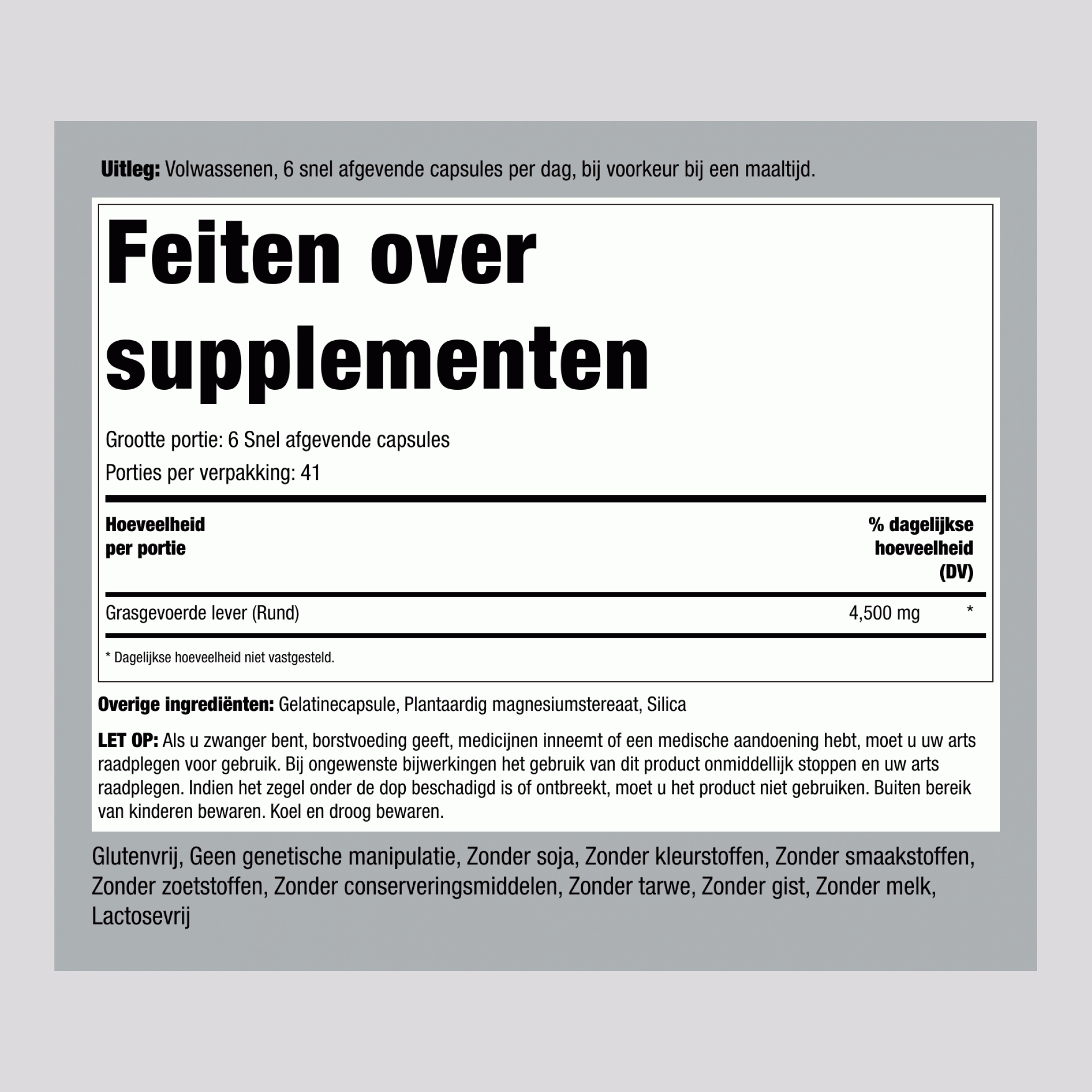 Grasgevoerde runderlever 4500 mg (per portie) 250 Snel afgevende capsules 2 Flessen   