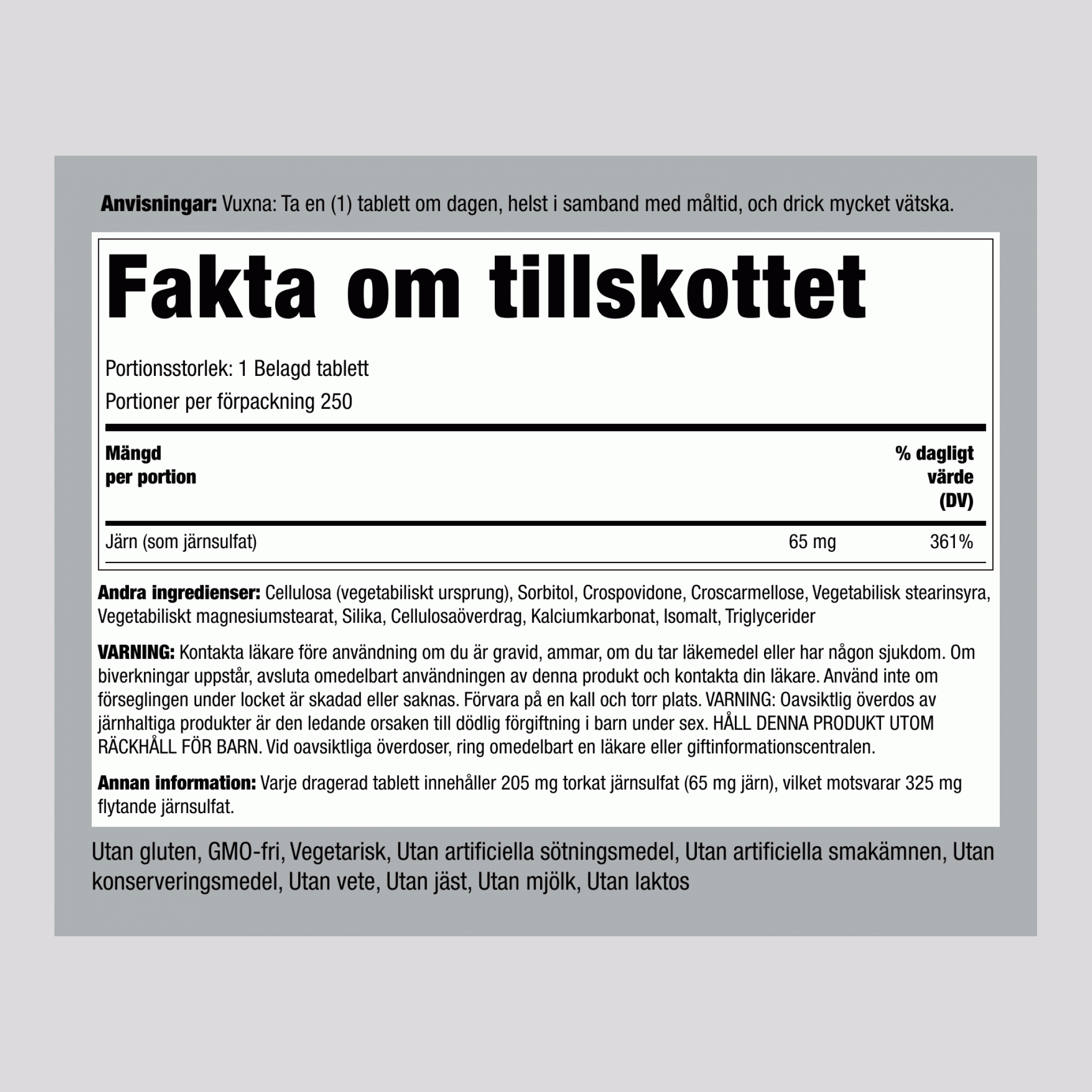 Järnsulfat  65 mg 250 Överdragna tabletter     