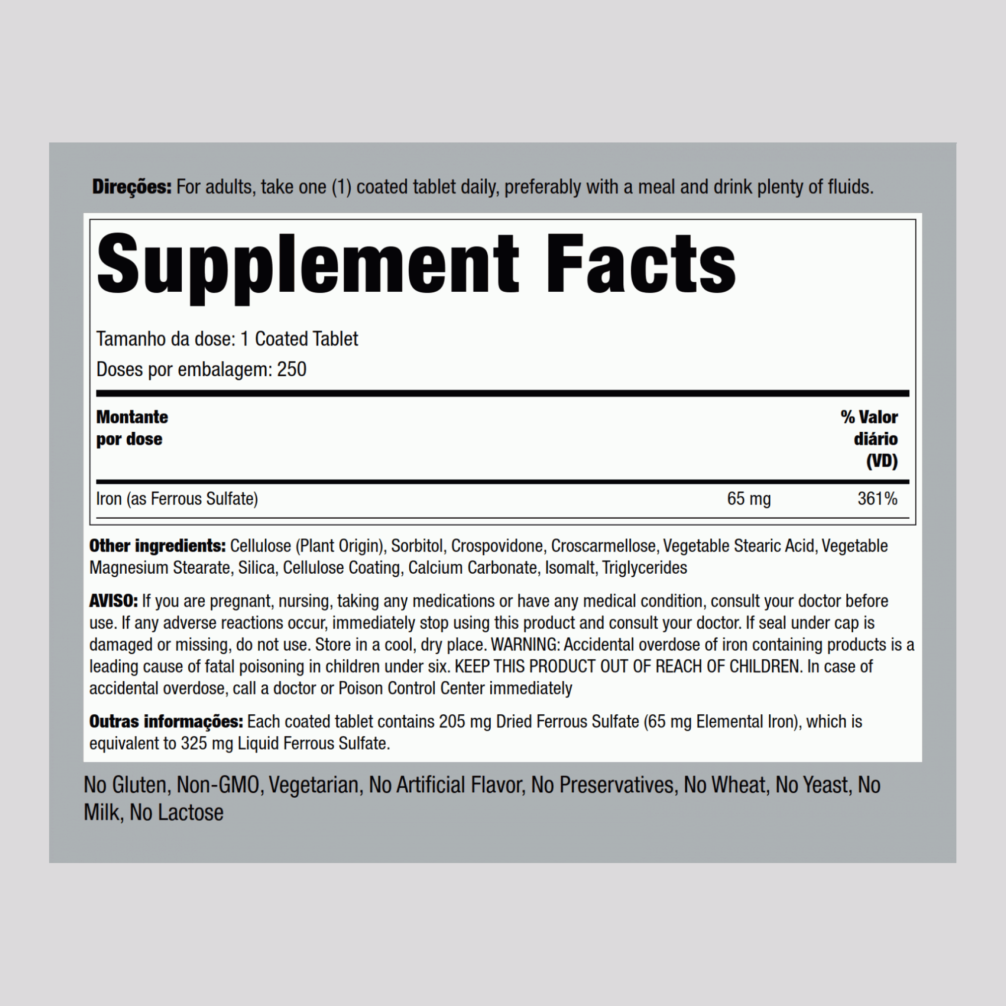 Sulfato ferroso de ferro  65 mg 250 Comprimidos revestidos     