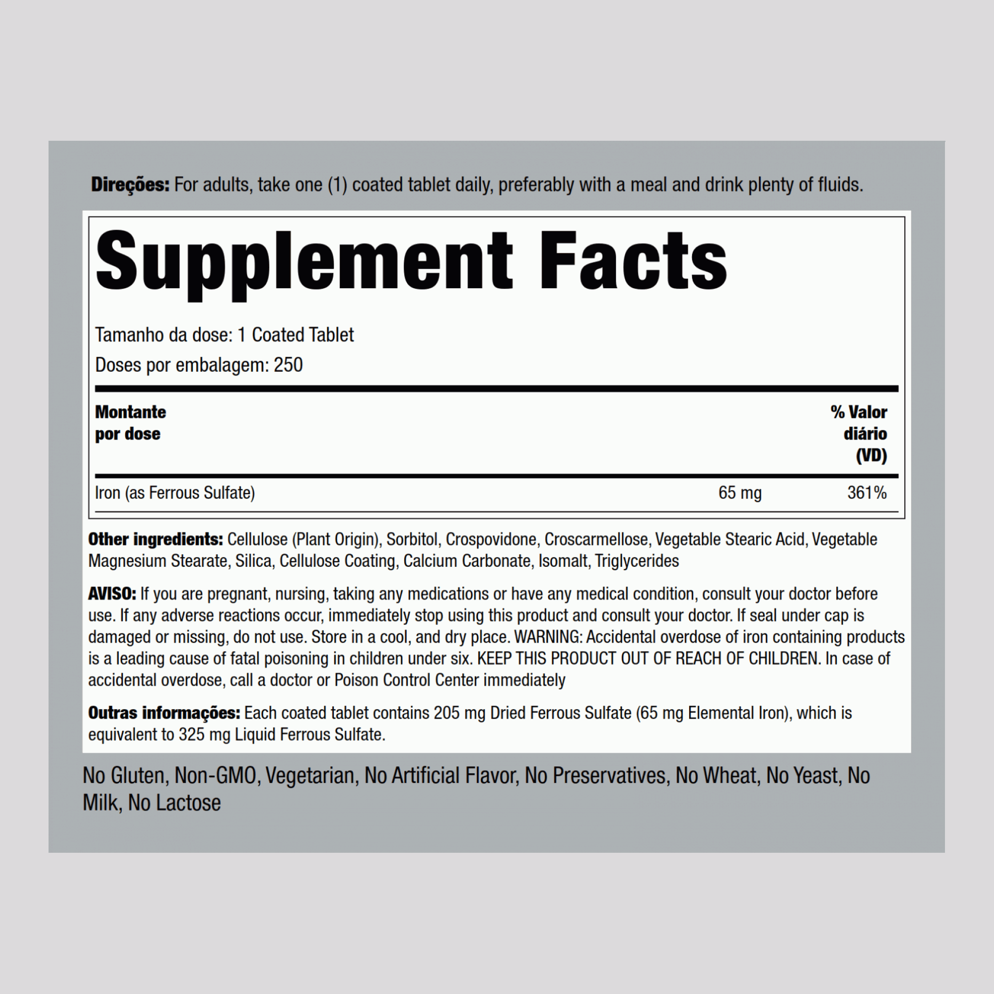 Sulfate de fer ferreux,  65 mg 250 Comprimés enrobés 2 Bouteilles