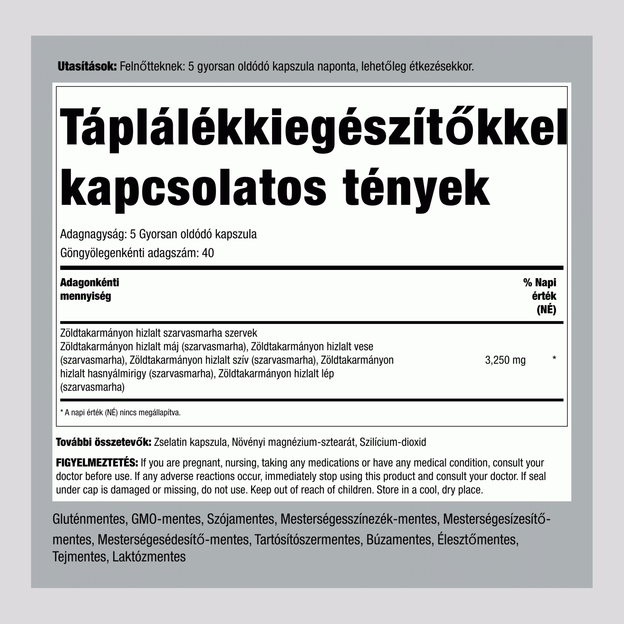 Zöldtakarmányon hizlalt marhaszervek 3250 mg (adagonként) 200 Gyorsan oldódó kapszula     