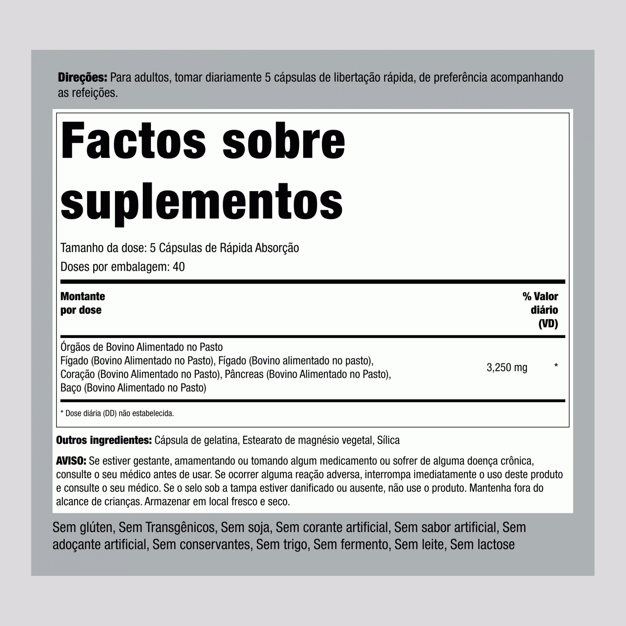 Órgãos de carne de bovino alimentado com relva 3250 mg (por dose) 200 Cápsulas de Rápida Absorção     