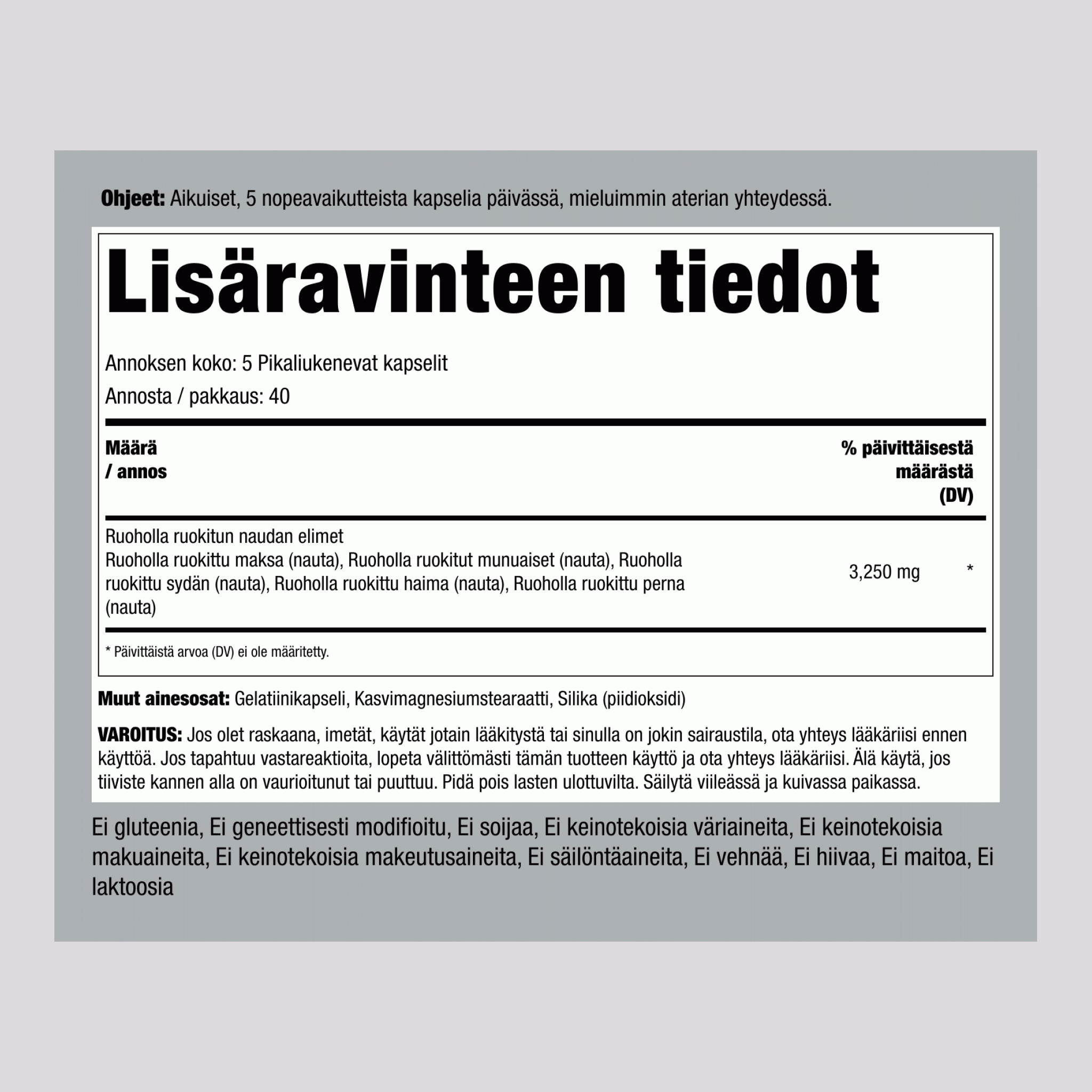 Ruoholla ruokitun naudan elimet 3250 mg/annos 200 Pikaliukenevat kapselit 2 Pulloa   