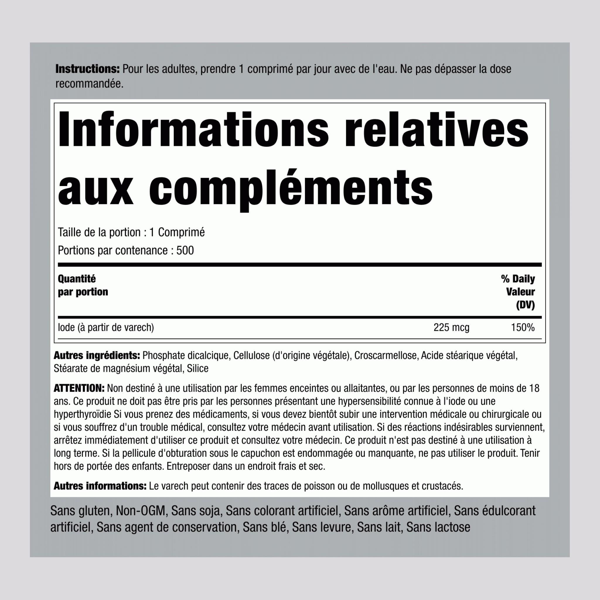 Varech (Source d'iode) 225 mcg 500 Comprimés     