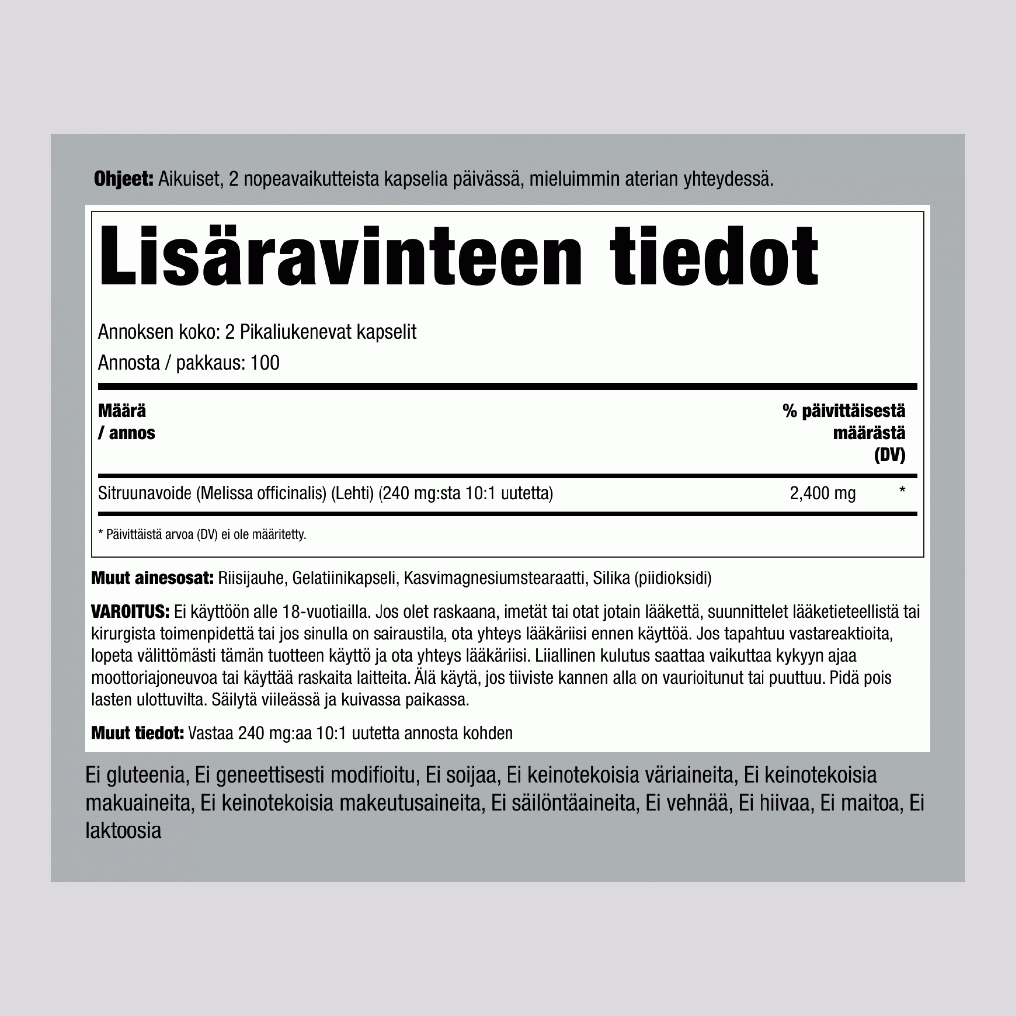 Sitruunamelissa  2400 mg/annos 200 Pikaliukenevat kapselit     