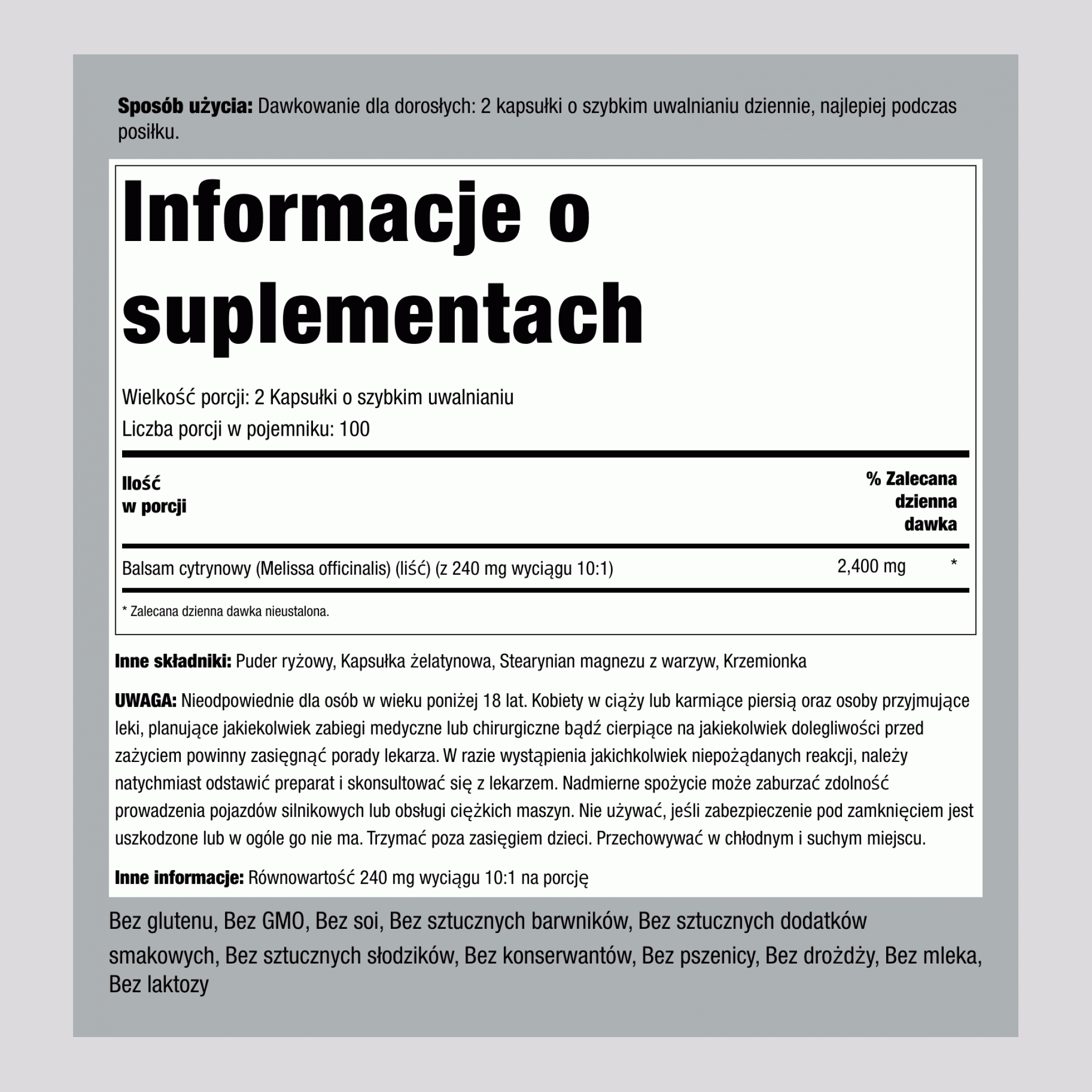 Melisa (balsam cytrynowy) 2400 mg (na porcję) 200 Kapsułki o szybkim uwalnianiu     