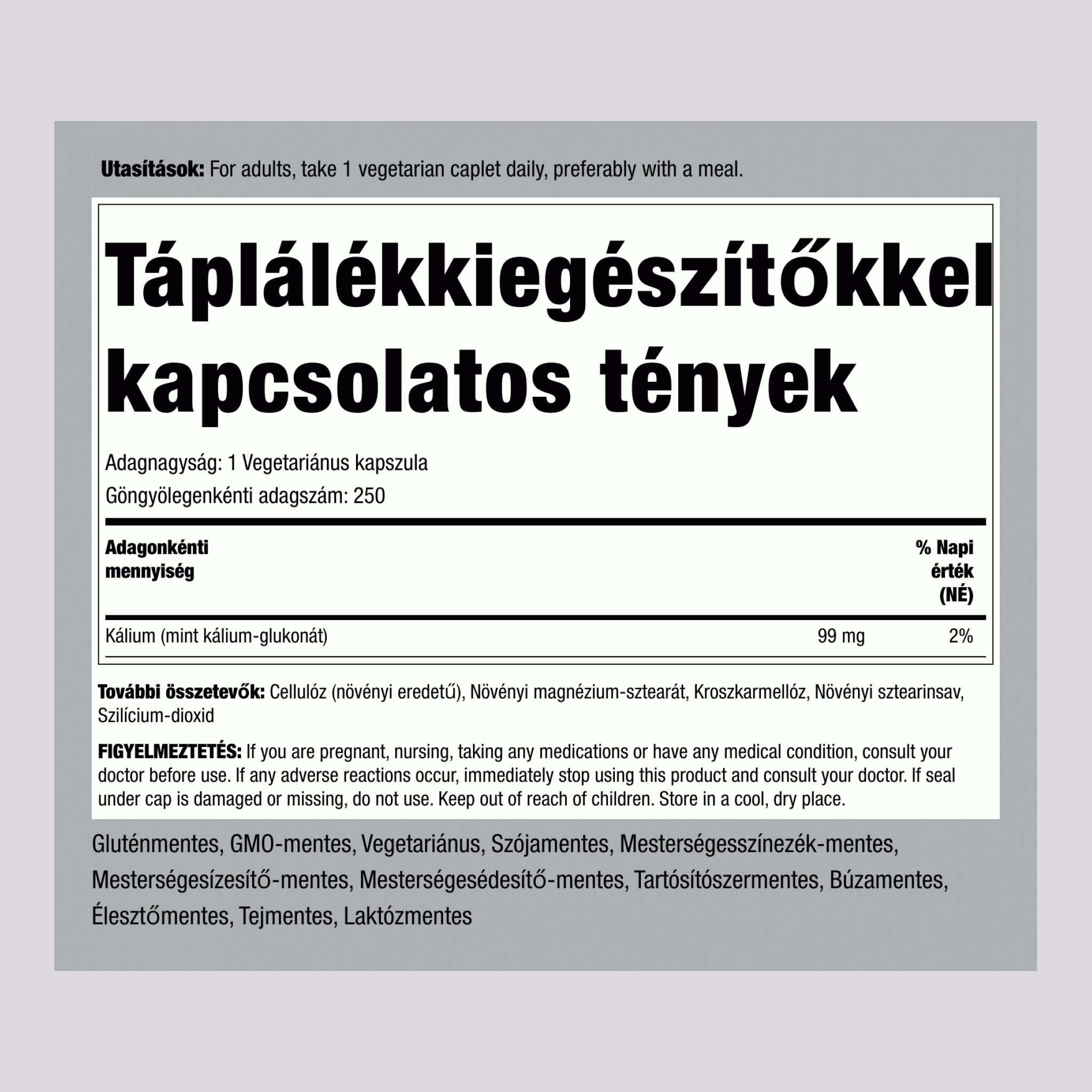Kelátos kálium (glükonát), 99 mg, 250 vegetáriánus kapszula