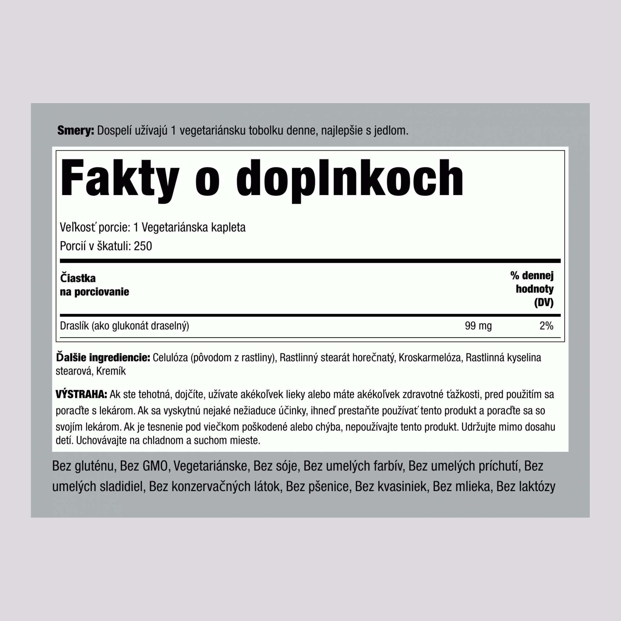 Chelátovaný draslík (glukonát), 99 mg, 250 vegetariánskych tabliet