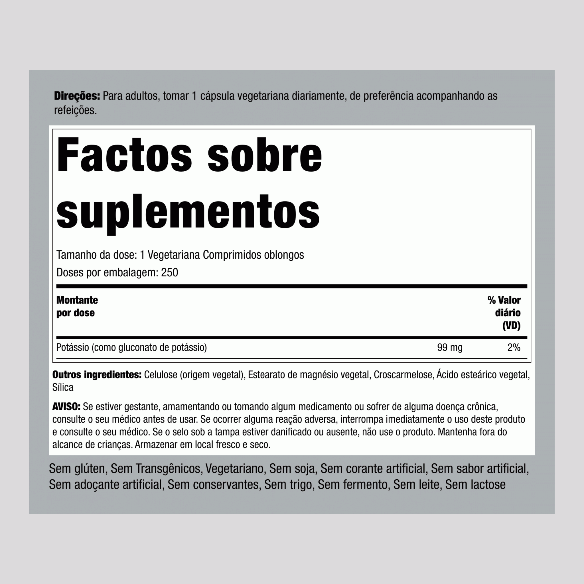 Quelato de potássio (gluconato) 99 mg 250 Vegetariana Comprimidos oblongos 2 Frascos   