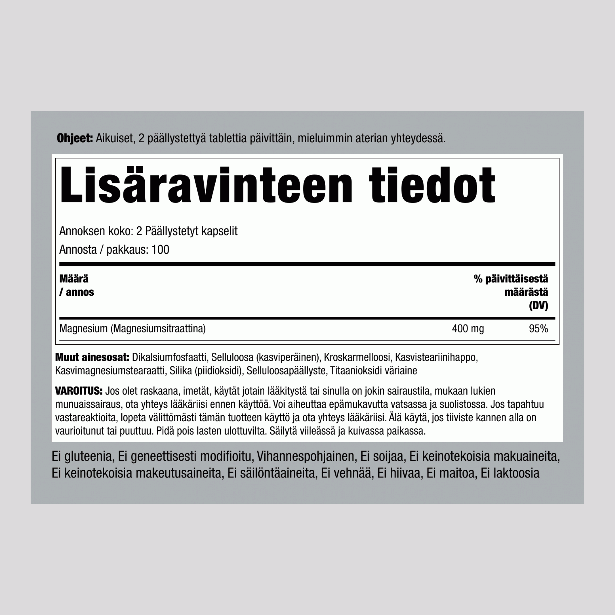 Magnesiumsitraatti  400 mg/annos 200 Päällystetyt kapselit     
