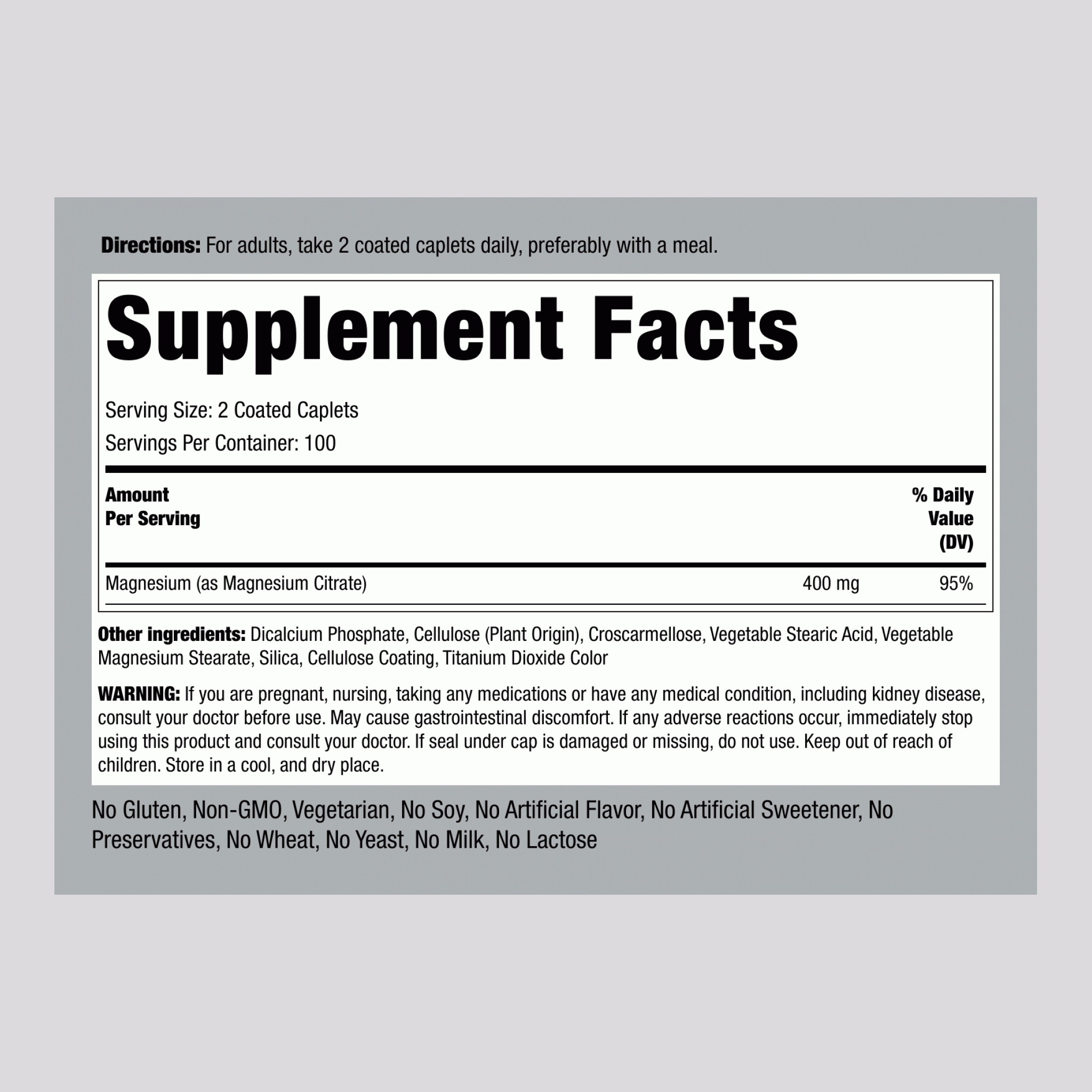 Magnesium Citrate, 400 mg (per serving), 200 Coated Caplets, 2  Bottles