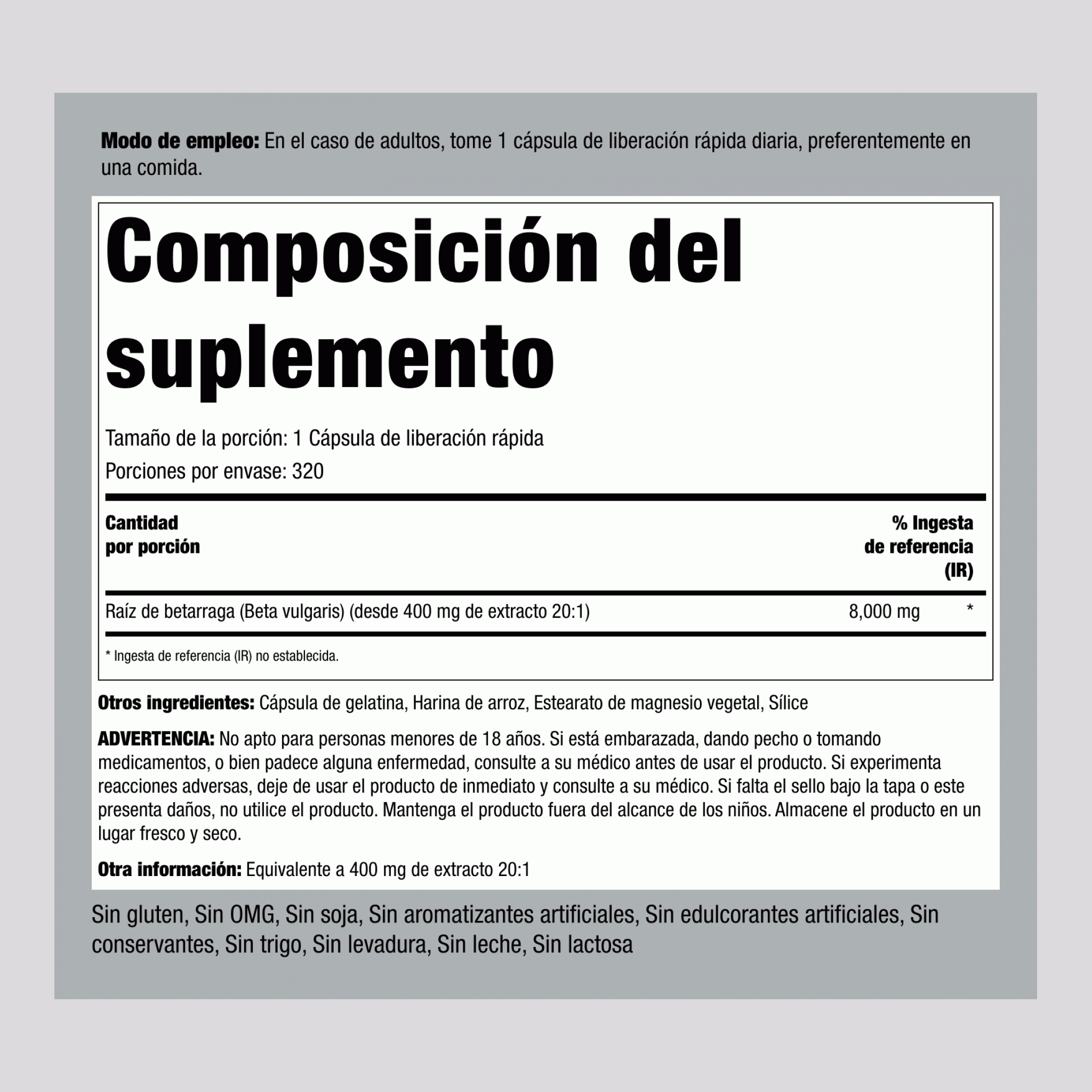 Raíz de betarraga 8000 mg 320 Cápsulas de liberación rápida     