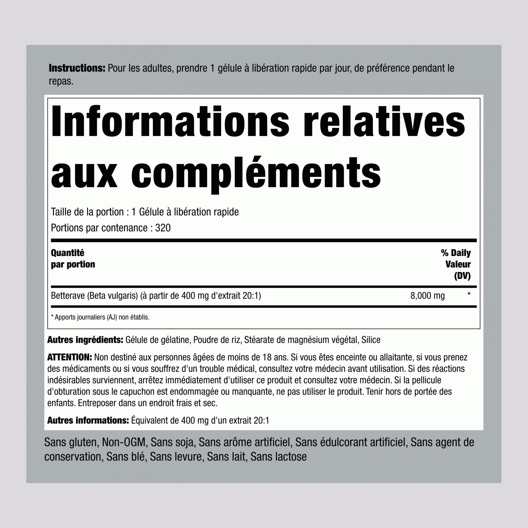 Betterave,  8000 mg 320 Gélules à libération rapide 2 Bouteilles