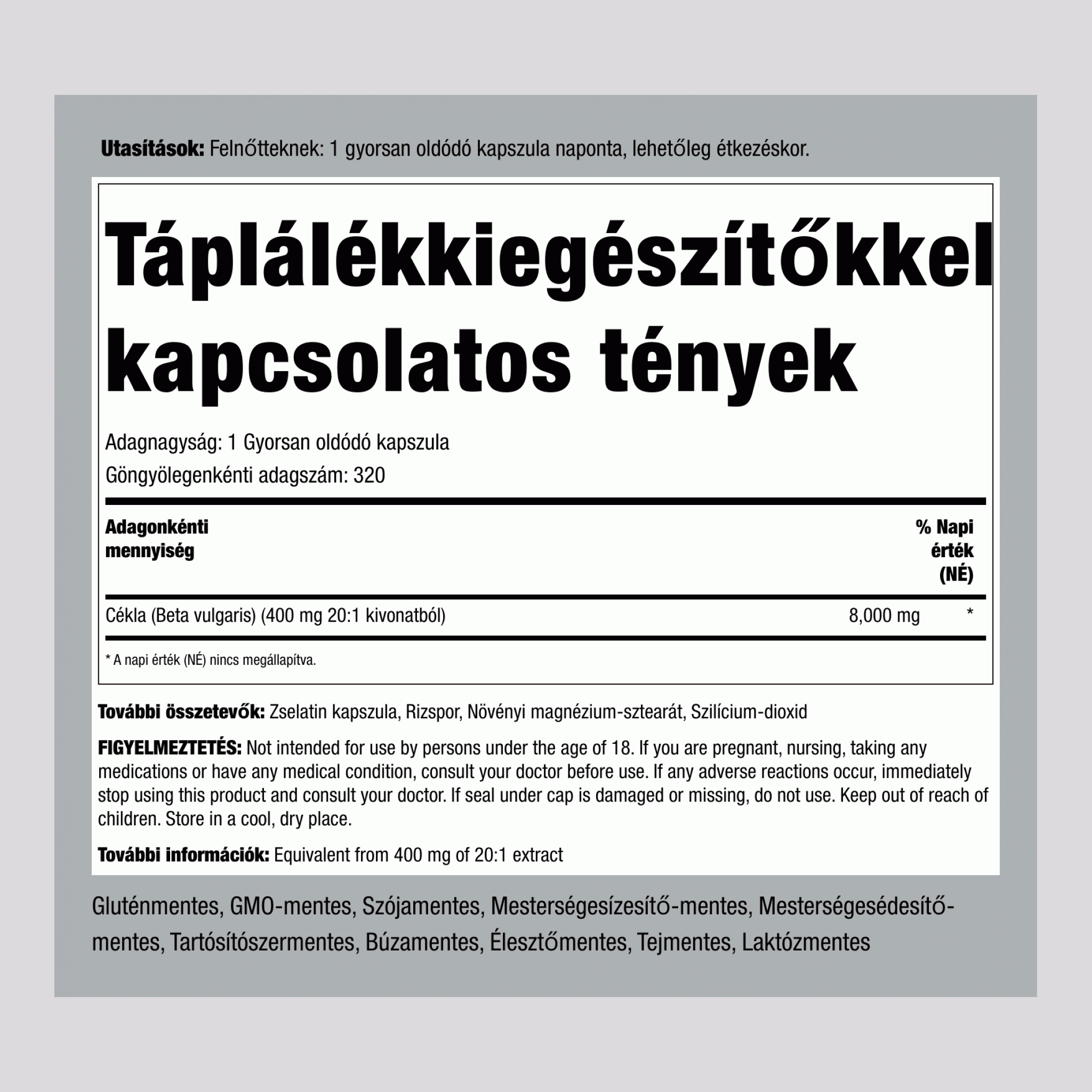 Cékla,  8000 mg 320 Gyorsan oldódó kapszula 2 Palackok