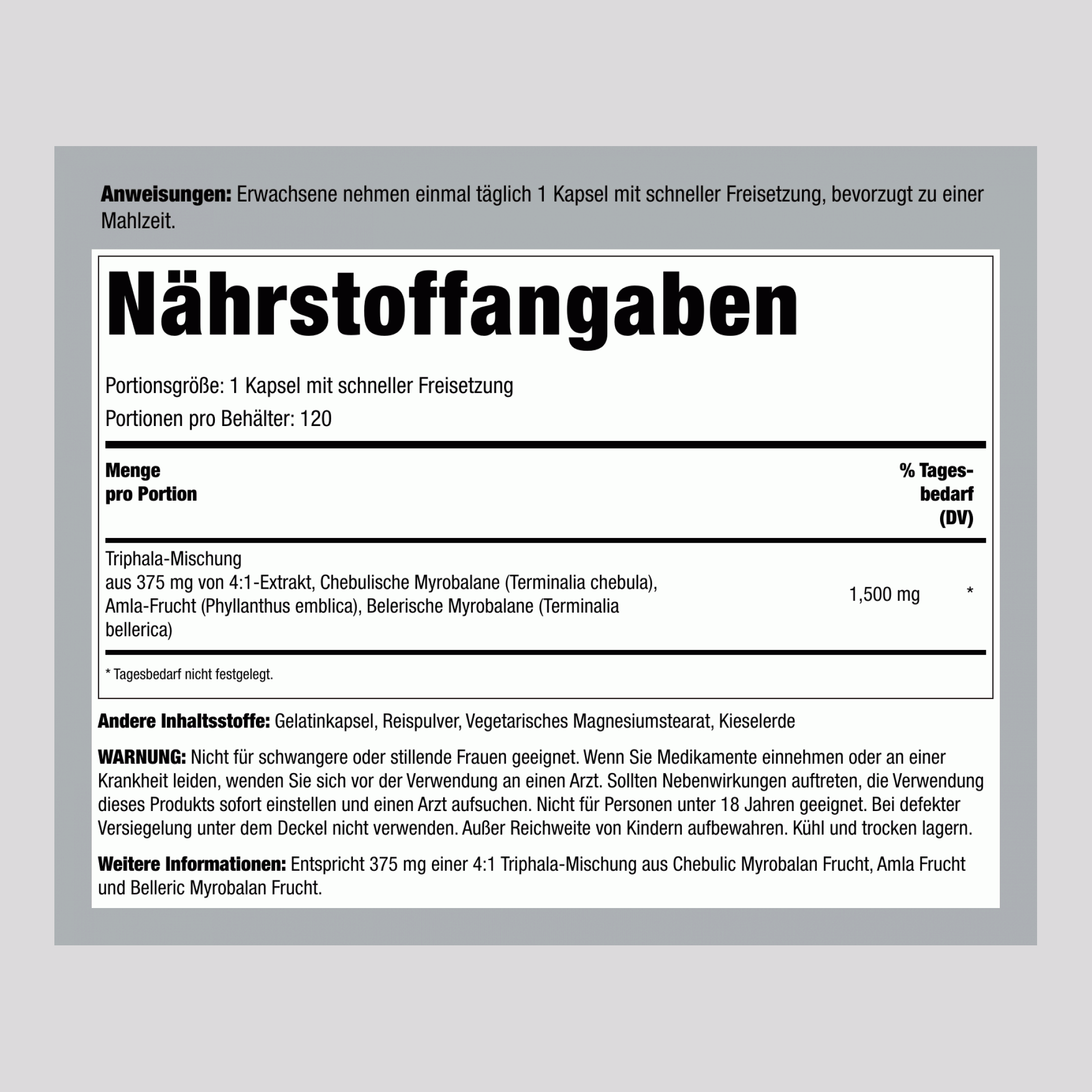 Triphala, 1500 mg, 120 Kapseln mit schneller Freisetzung