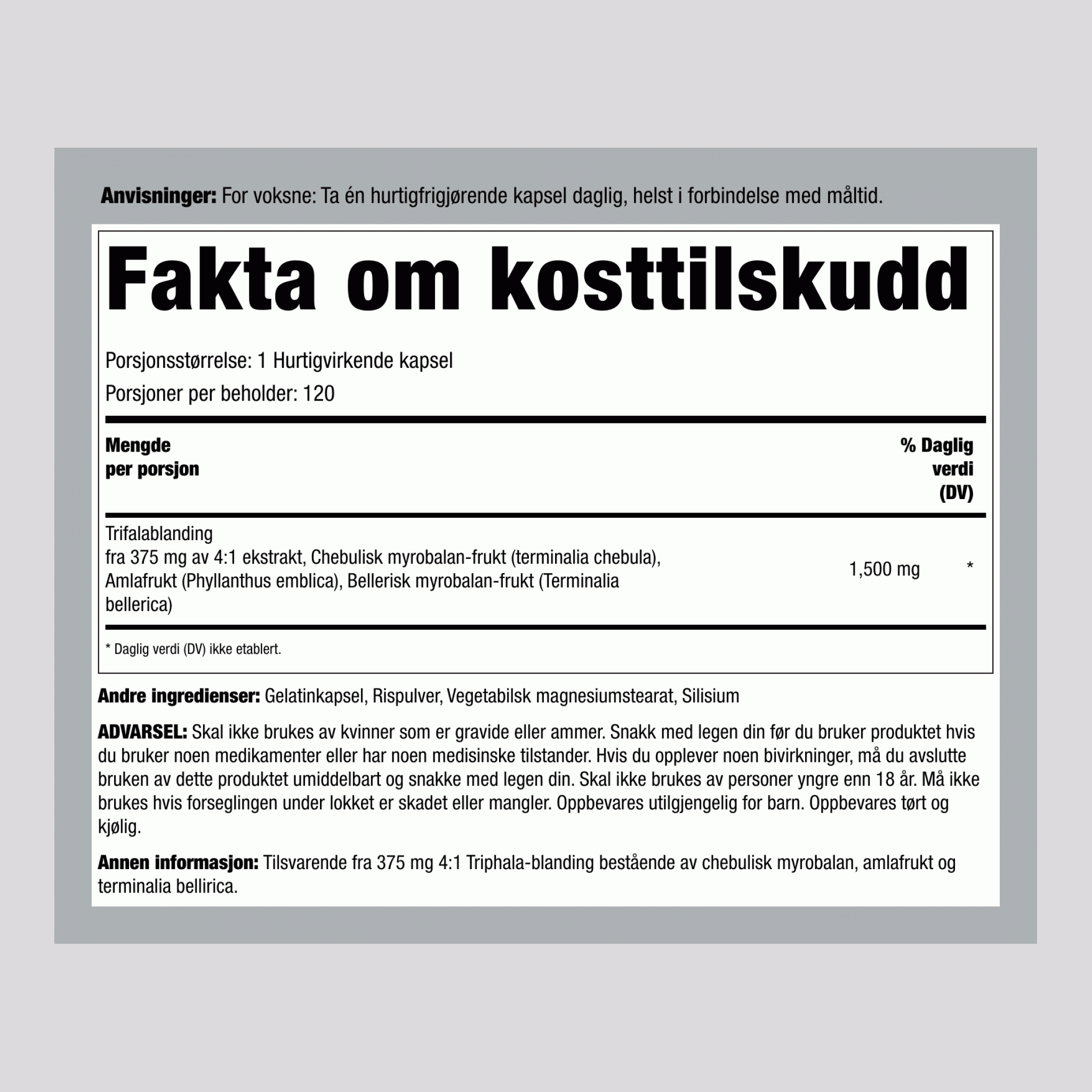 Triphala, 1500 mg, 120 hurtigfrigjørende kapsler