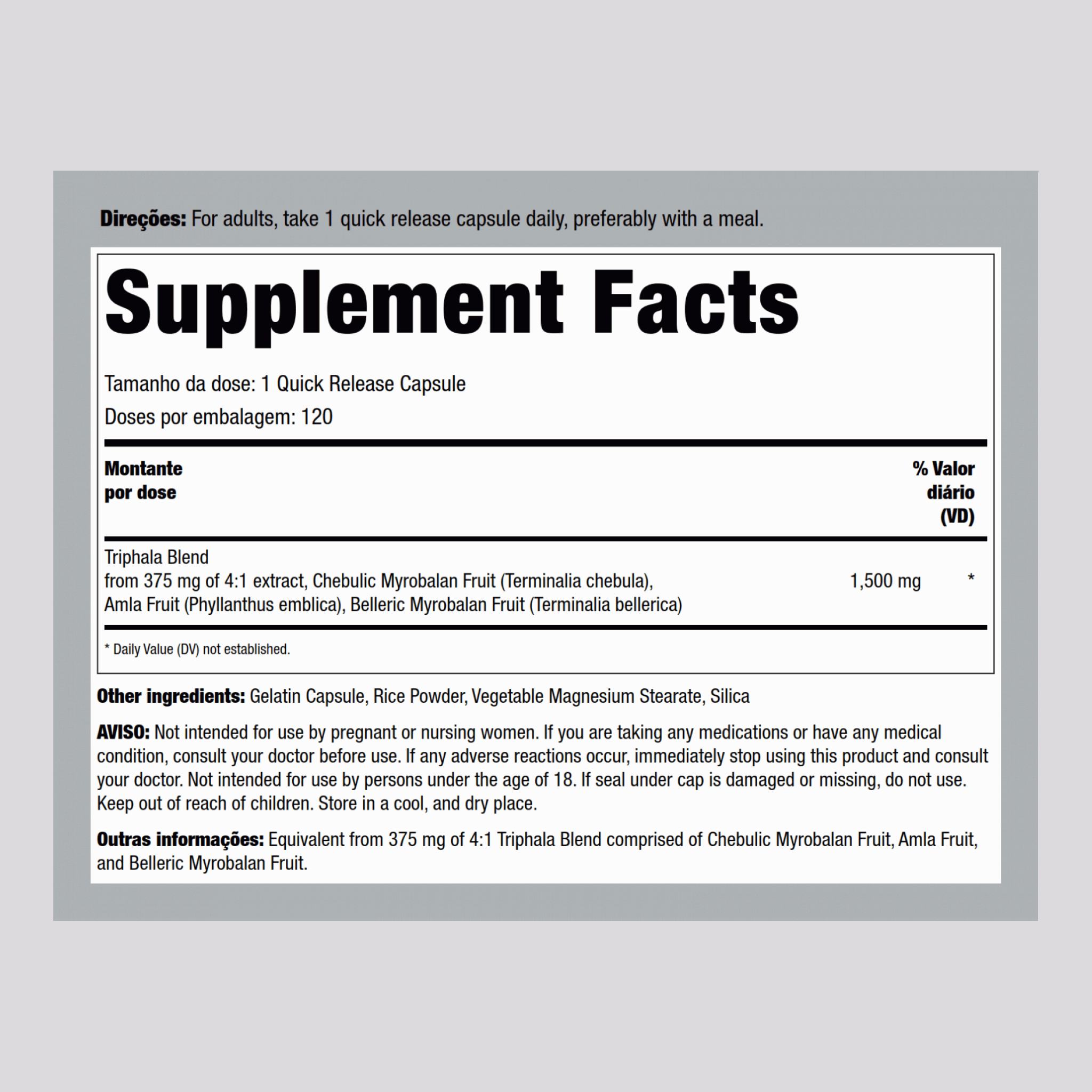 Triphala,  1100 mg (par portion) 120 Gélules à libération rapide 2 Bouteilles