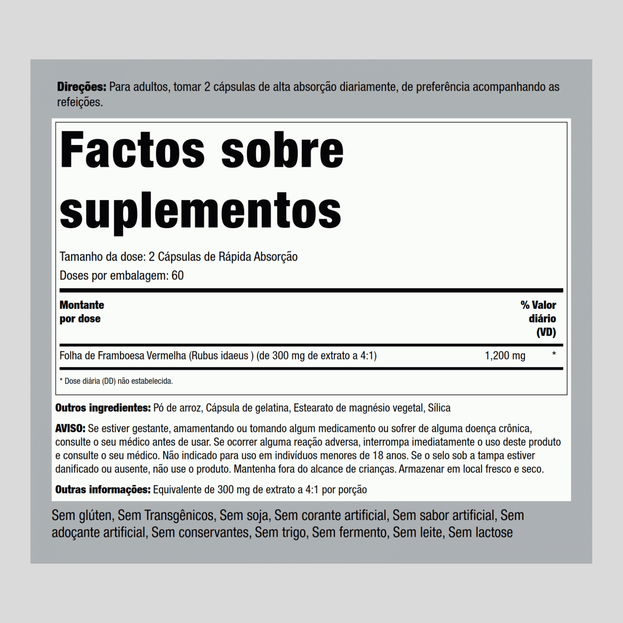 Folhas de framboesa vermelha  1200 mg (por dose) 120 Cápsulas de Rápida Absorção     