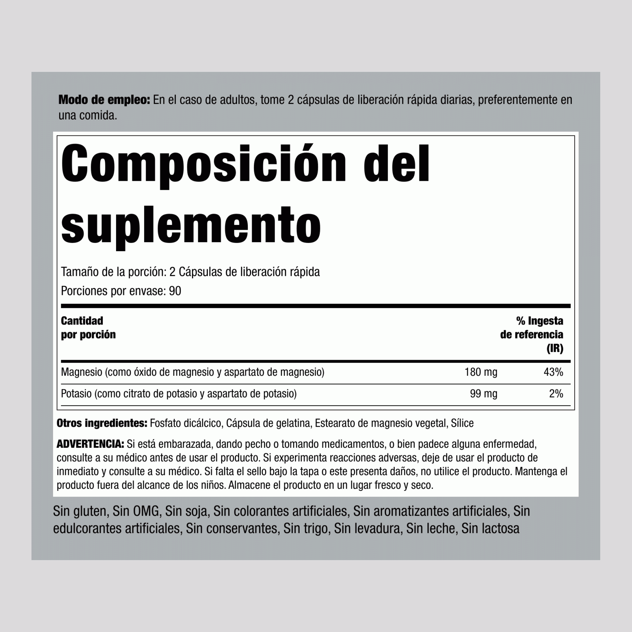 Completo de aspartato de potasio y magnesio,99 mg/180 mg 180 Cápsulas de liberación rápida    