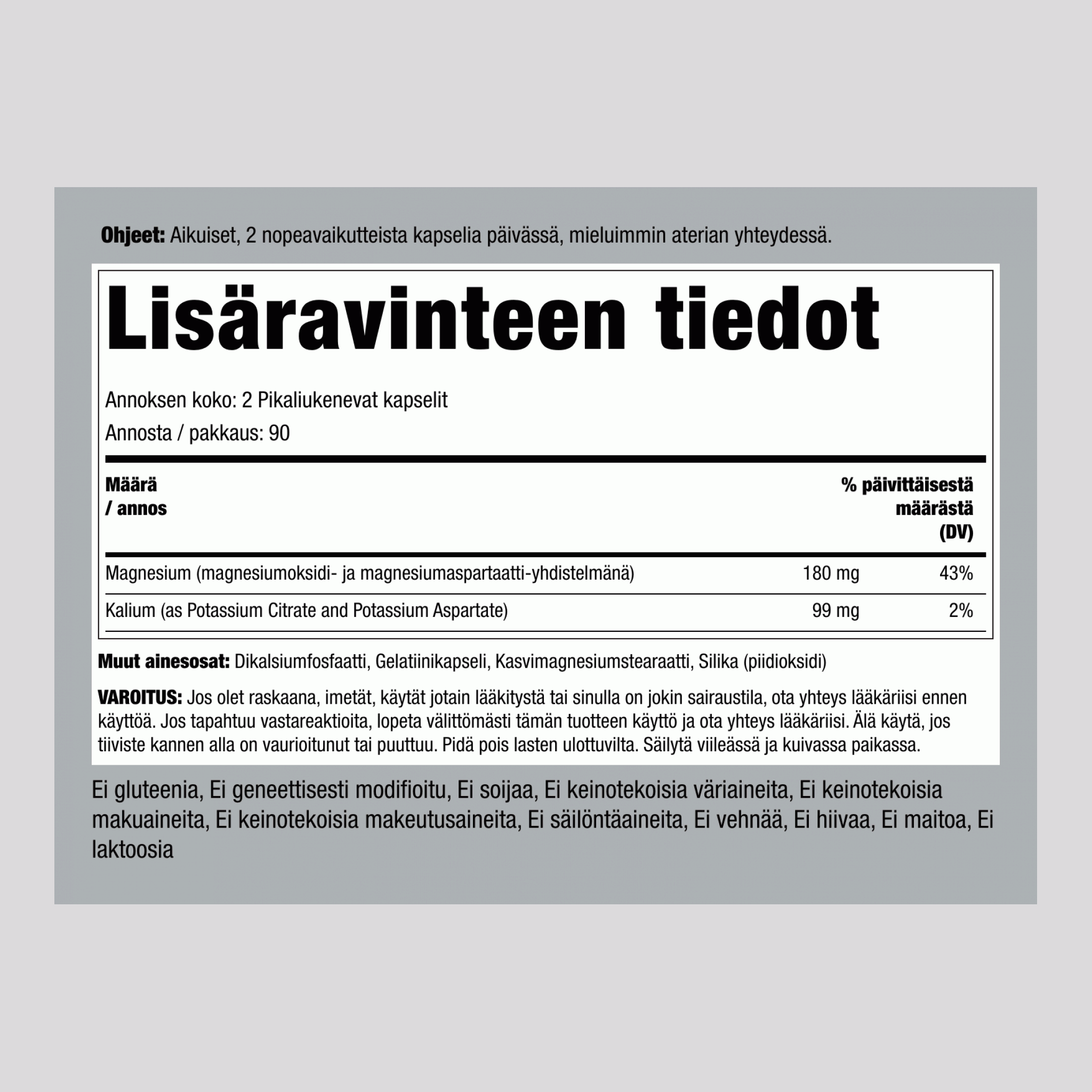 Kalium Magnesium Aspartaattikompleksi, 99 mg / 180 mg, 180 nopeavaikutteista kapselia