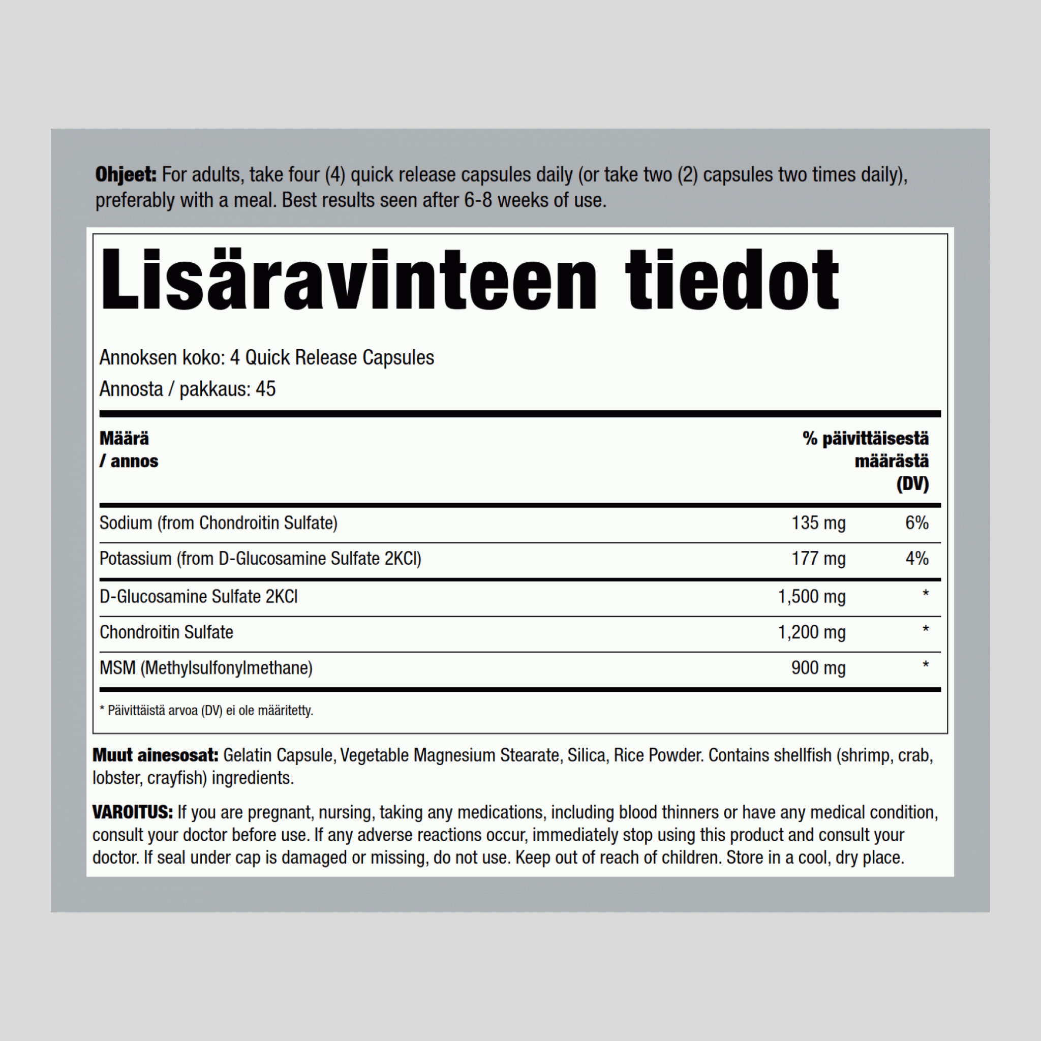 Glukosamiini-kondroitiini ja MSM 180 Pikaliukenevat kapselit 2 Pulloa      