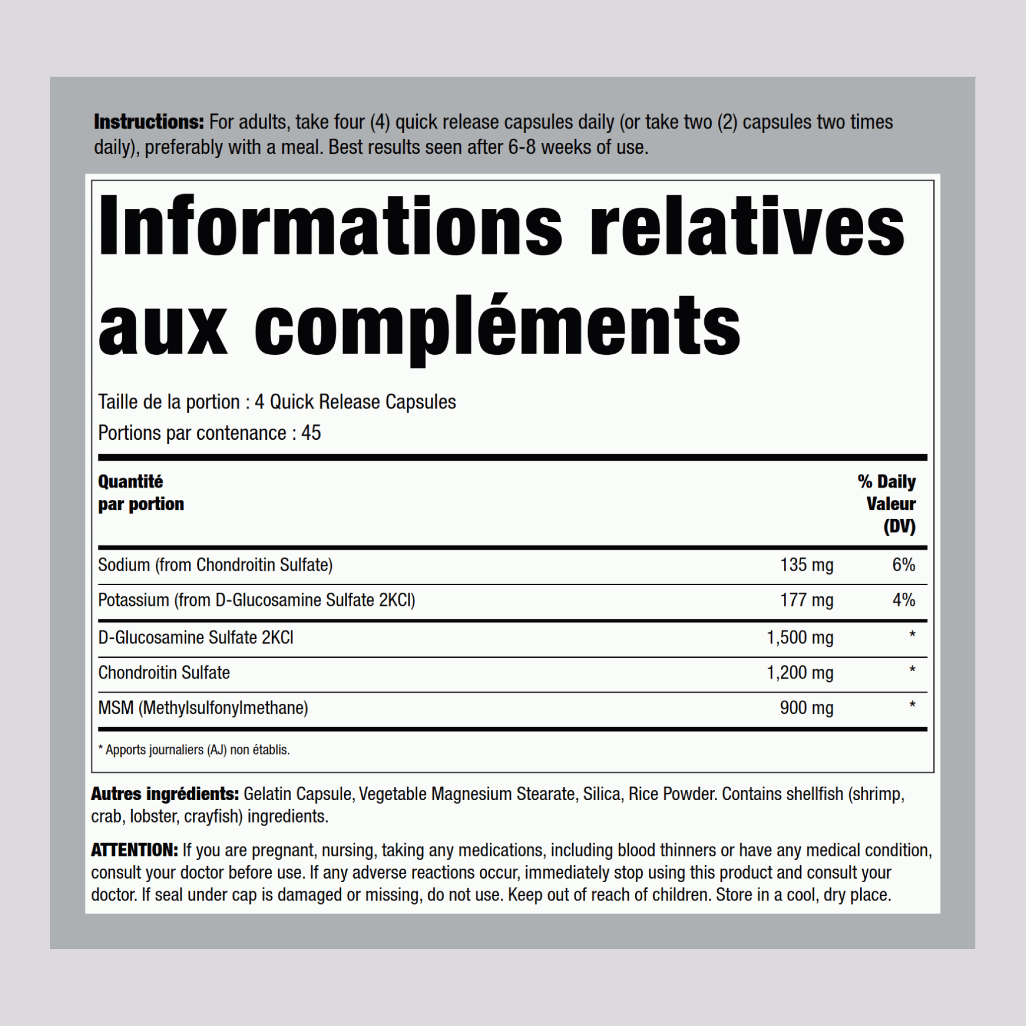 Glucosamine Chondroitine et MSM 180 Gélules à libération rapide 2 Bouteilles      